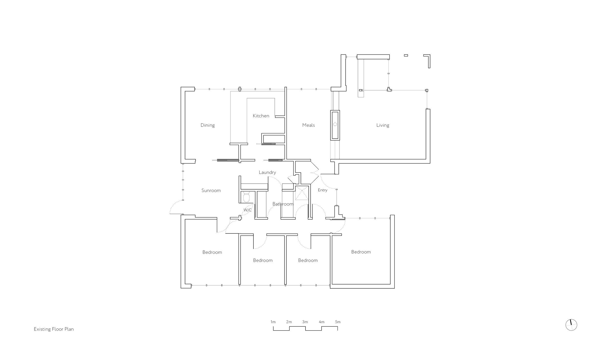 Existing floor plan of a Frankston mid century home, showing four bedrooms, a central bathroom and separate kitchen, meals and living areas.