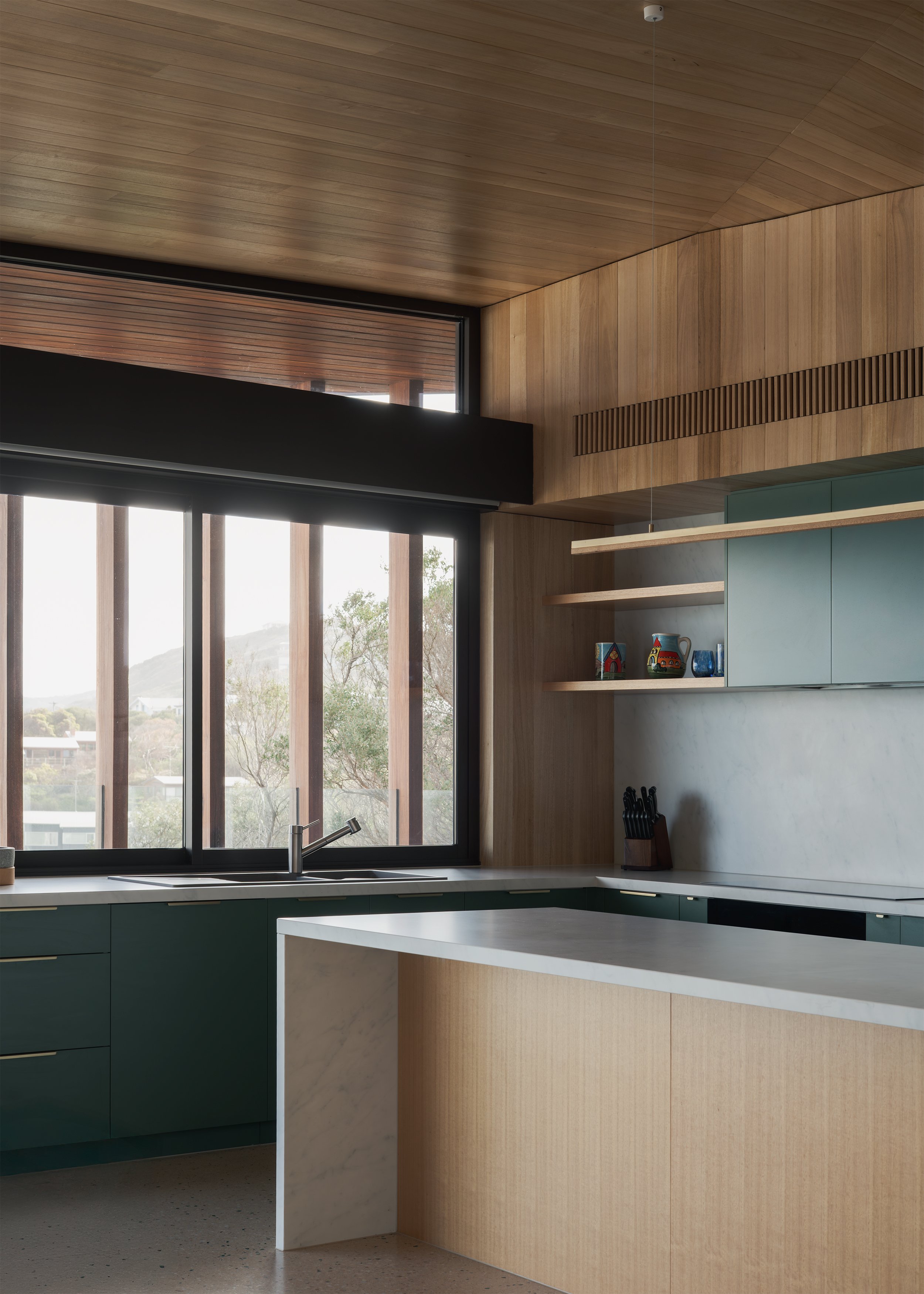 green kitchen design – coastal home interior design – Fairhaven Victoria Australia – Fairhaven by LTD Architectural Design Studio and DOOD Studio – Simple Dwelling