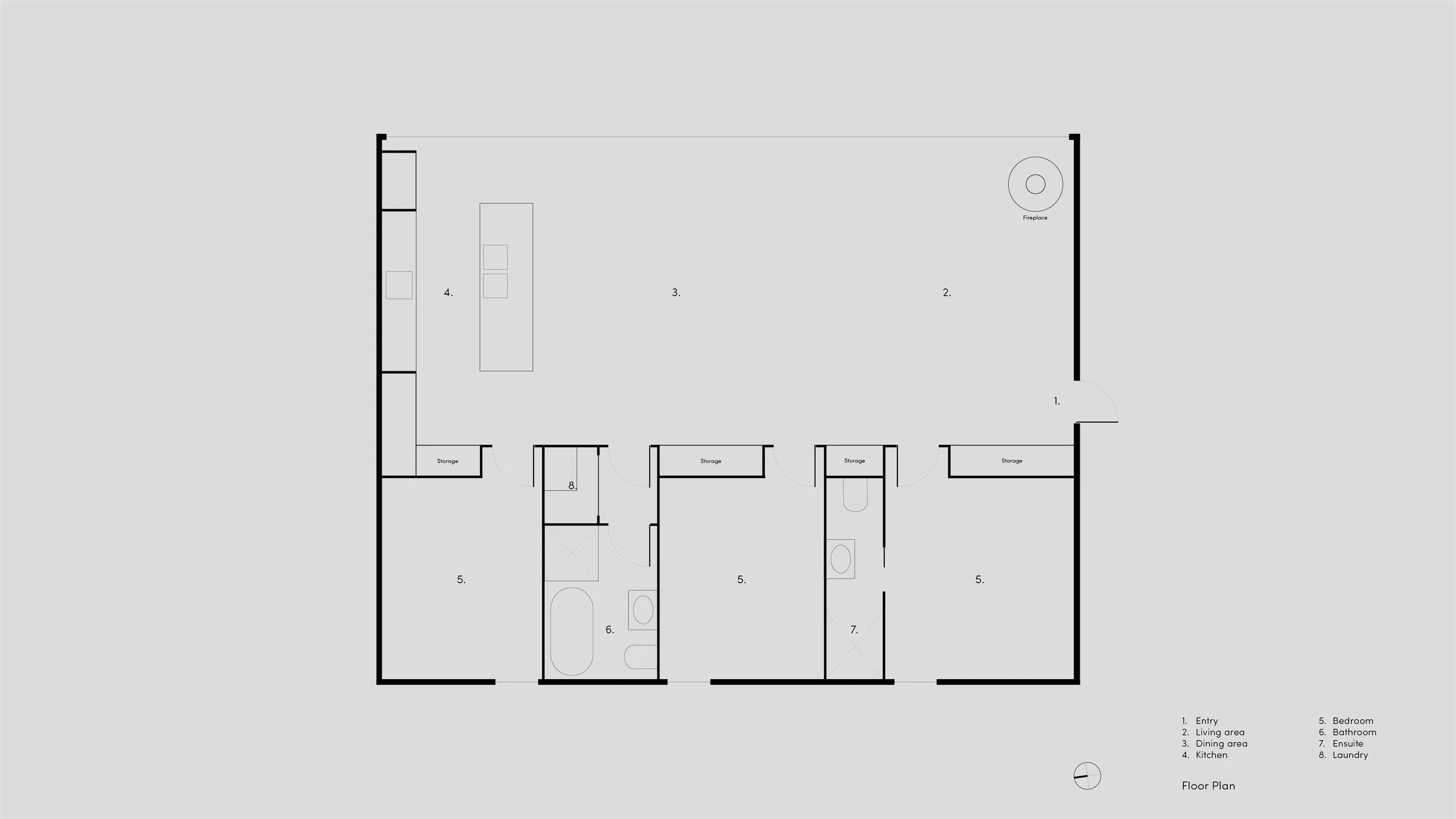 Floor plan of Matchbox by Vincent Jarvis Studio showing a compact three-bedroom layout with open-plan living, dining and kitchen areas, two bathrooms, laundry and integrated storage.