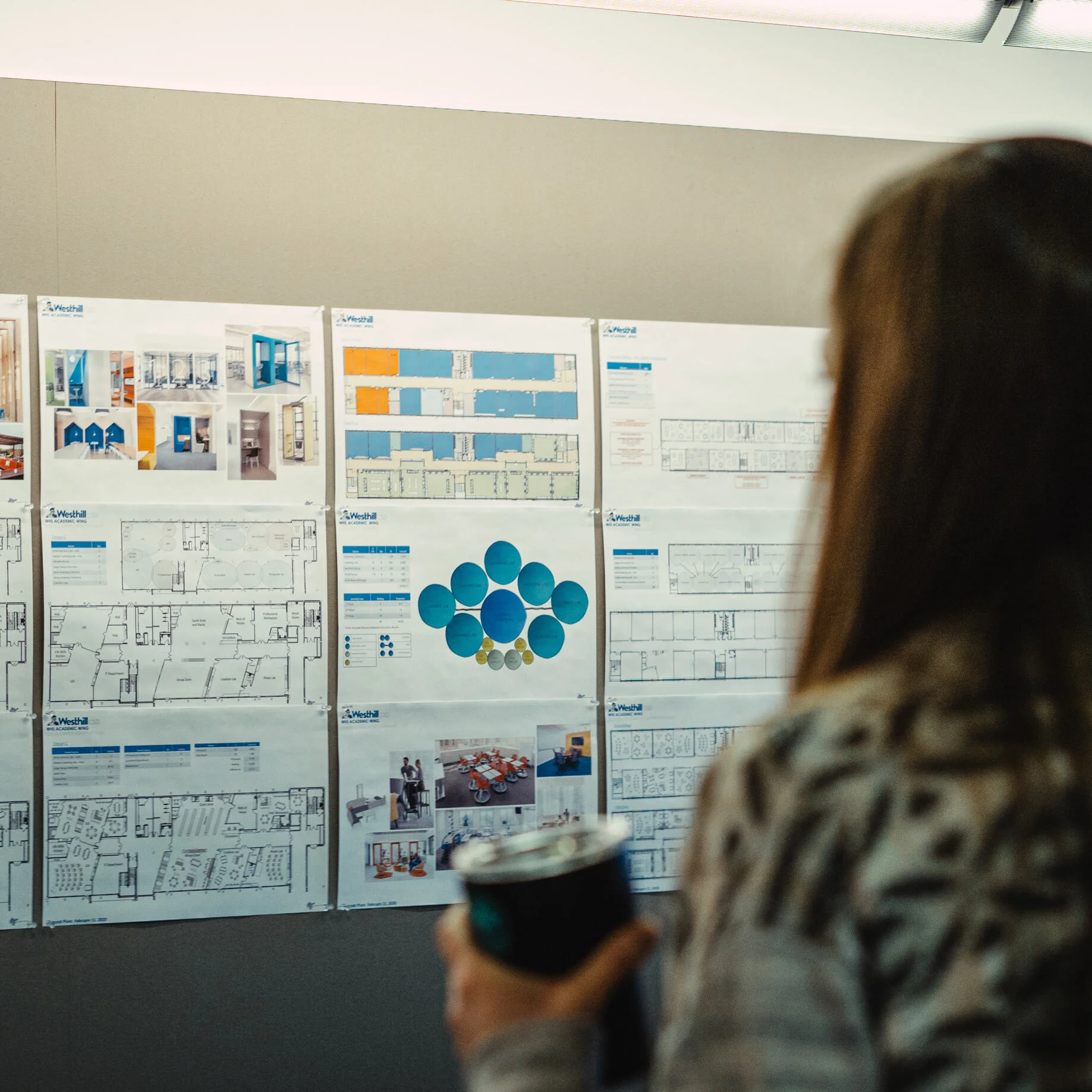 Person holding a small dog with a curly coat, in front of a display of architectural plans and interior design images on a wall.