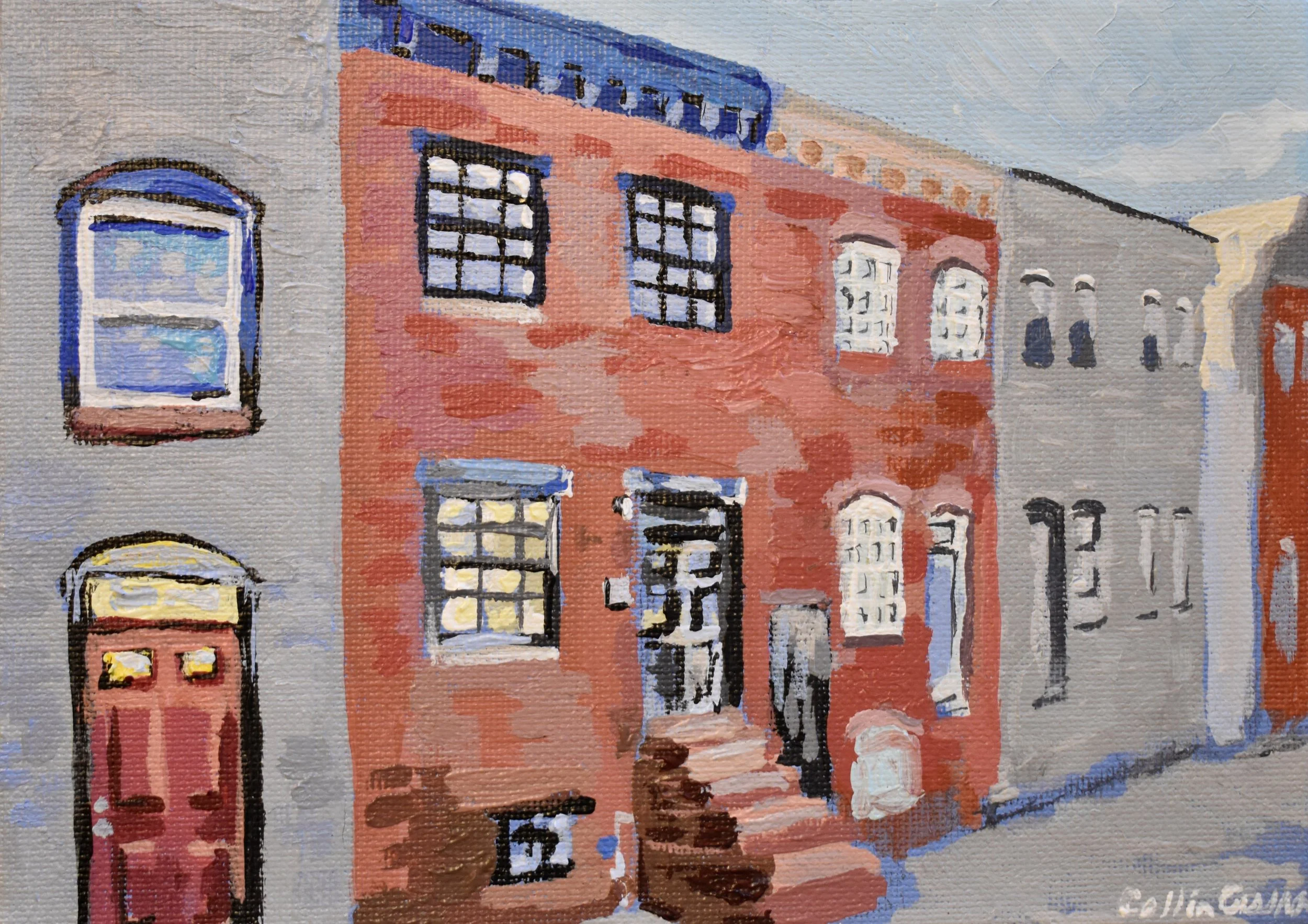 A painted depiction of a row of colorful urban buildings with windows and doors, showcasing a city street scene.
