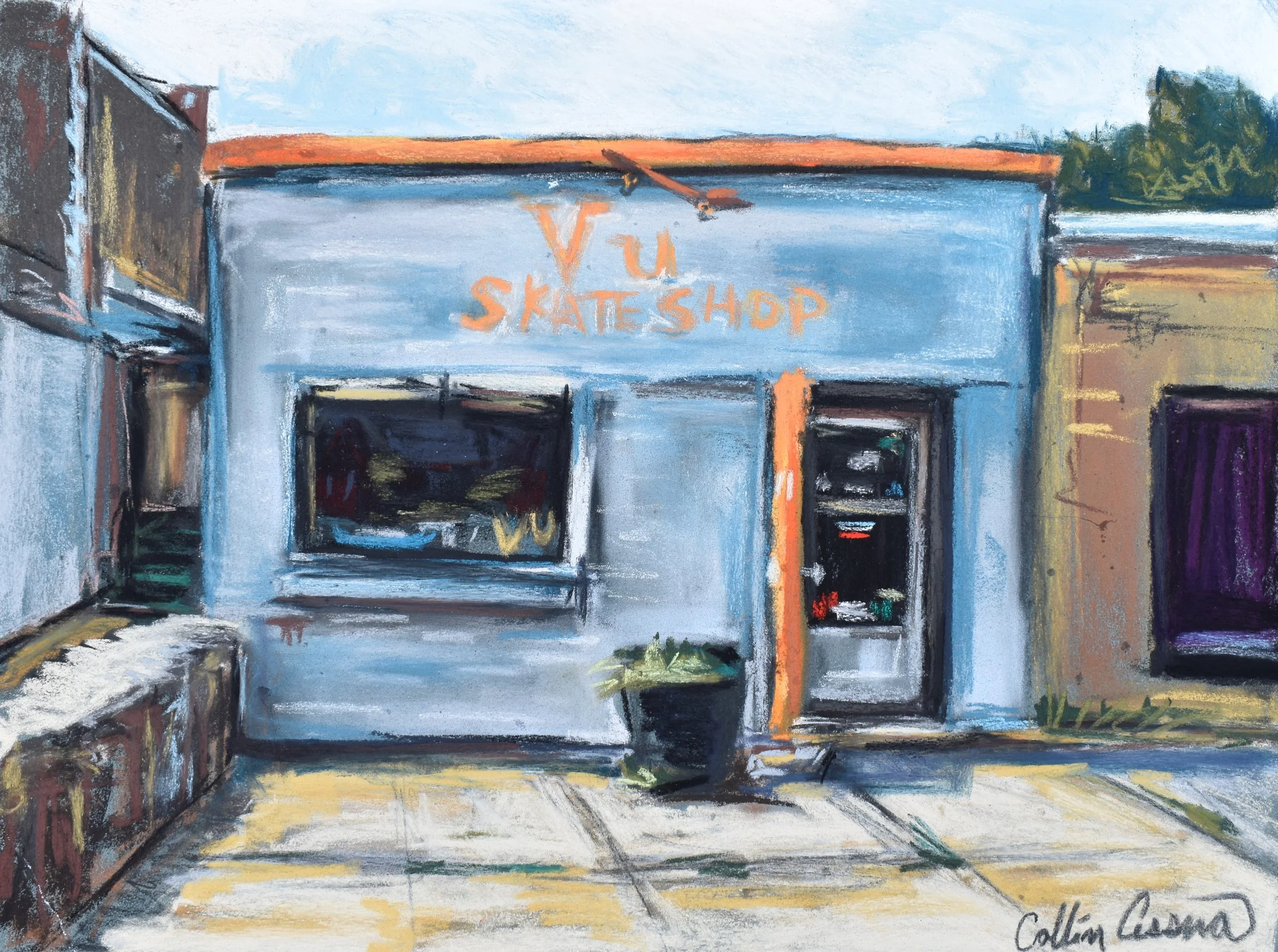 Painting of a storefront with a blue facade, orange trim, and sign reading 'V u SKATESSHOP.' It features a window with a reflection and a black door with a small window, a potted plant in front, and neighboring buildings.