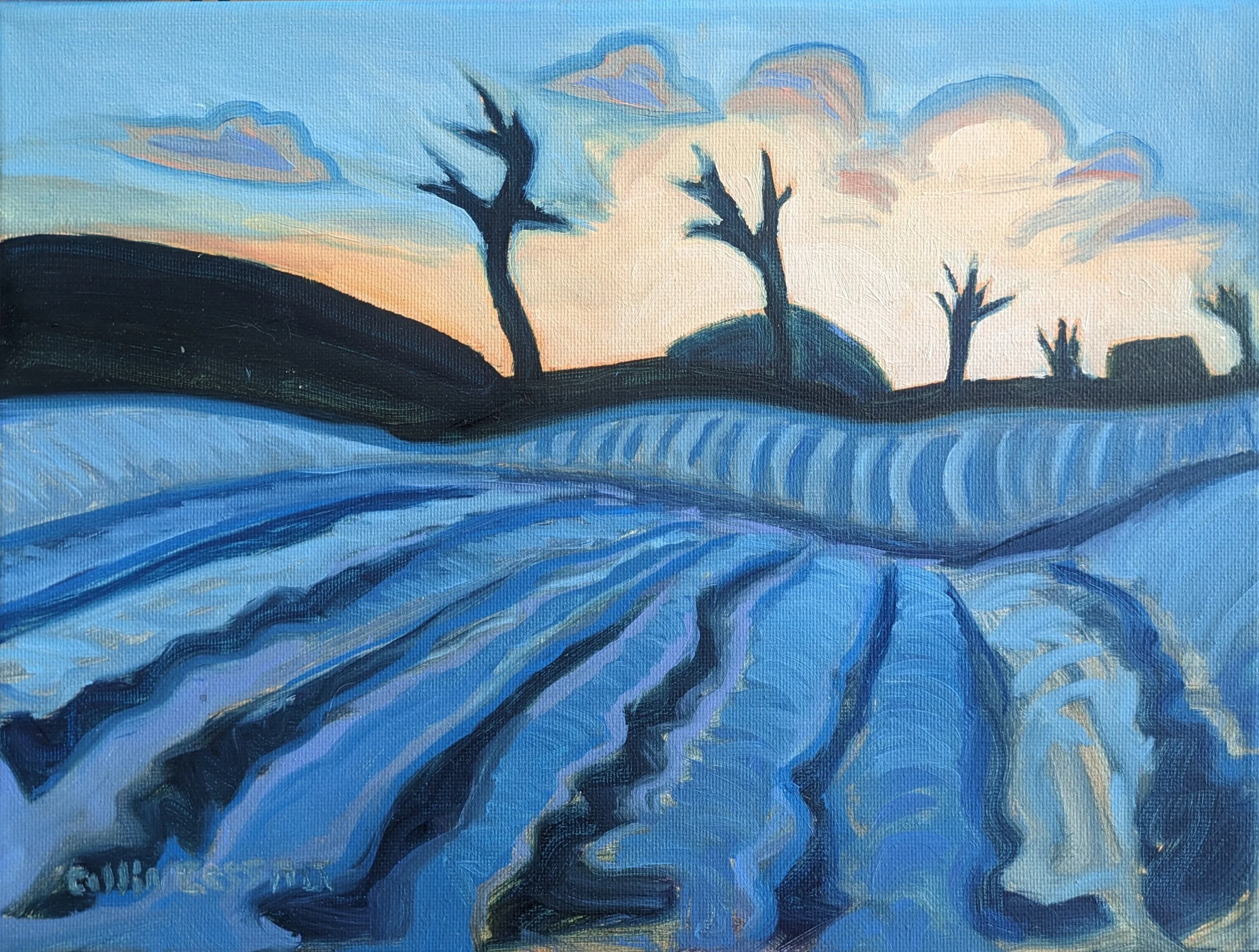 Painting of a winter landscape with snow-covered fields, leafless trees on a hill, and a colorful sky at sunrise or sunset.