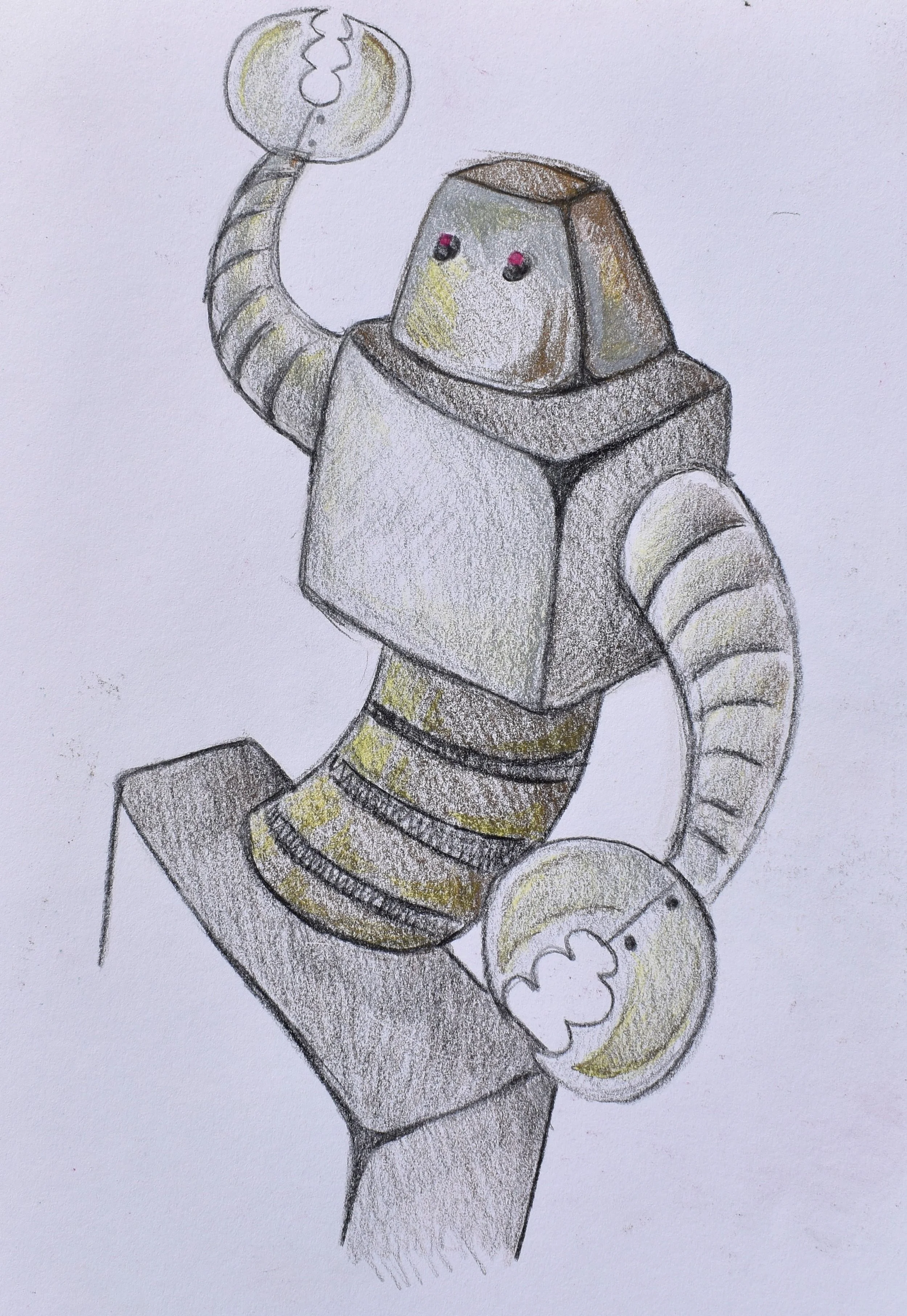 Colorful crayon drawing of a robot with a square torso, segmented arms and tail, and round, smiling face with pink cheeks, standing on one leg on a white background.
