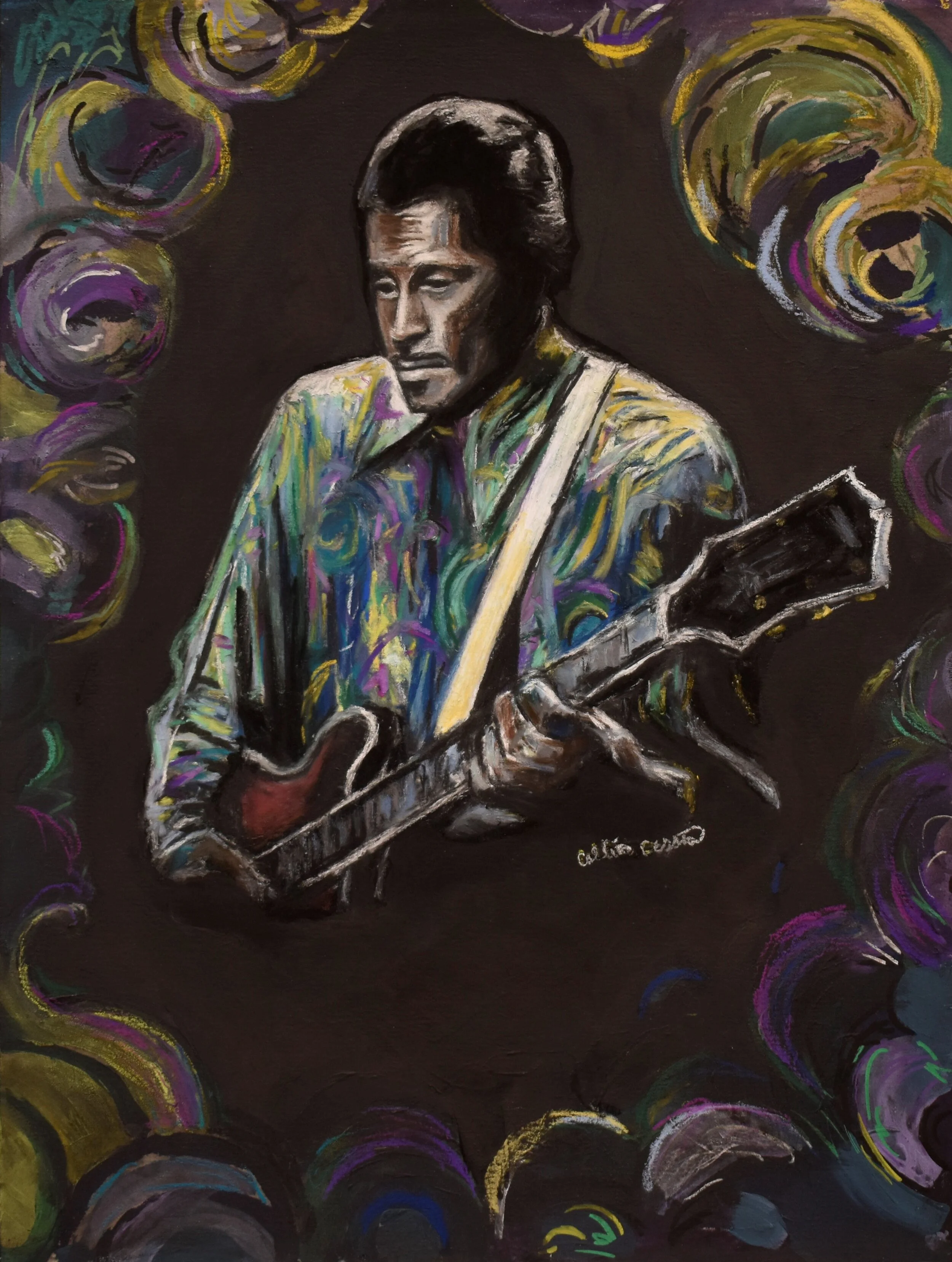 Chuck Berry Music blues rock and roll American Music Art portrait pastel drawing Gibson