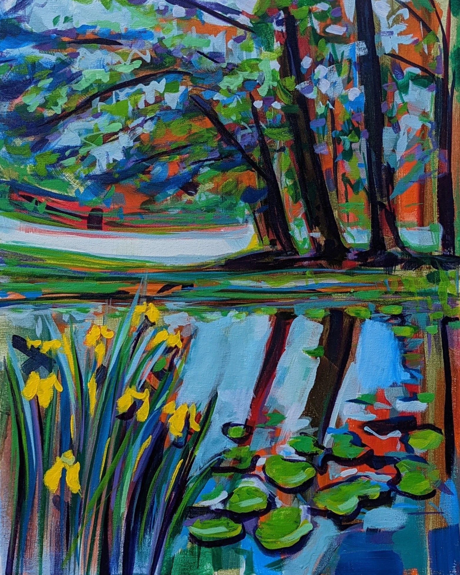 An abstract painting of a pond scene with yellow irises, lily pads, and trees reflected in the water, using bold and vibrant colors.