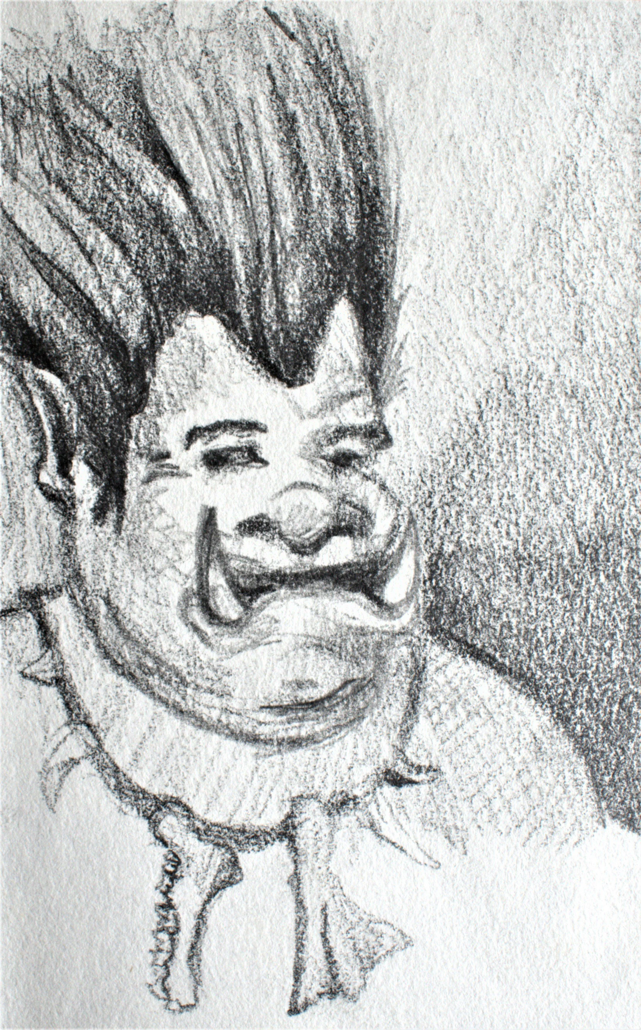 A pencil sketch of a clown with exaggerated facial features, curly hair, and a ruffled collar.