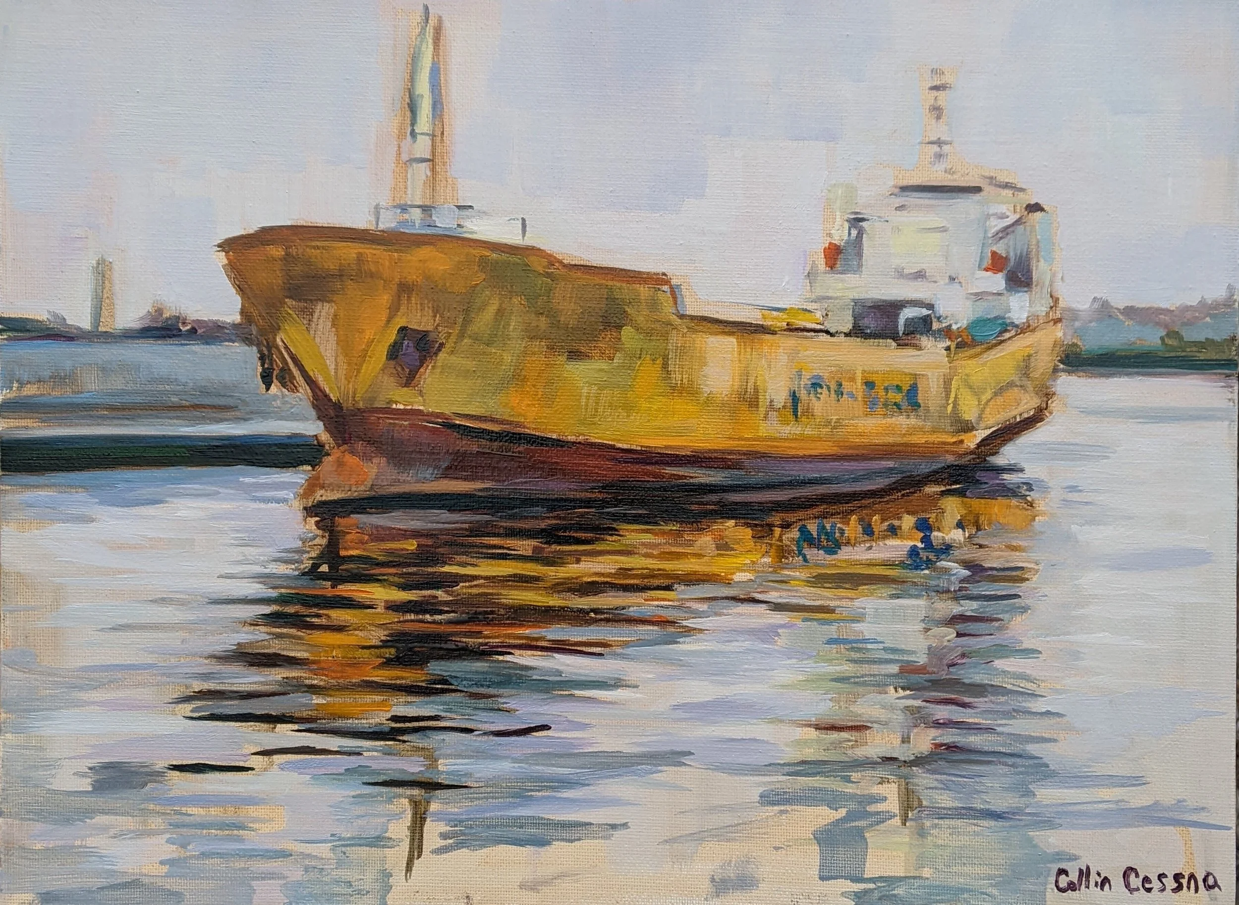 A painting of a yellow boat floating on water with reflections, with a light sky in the background.
