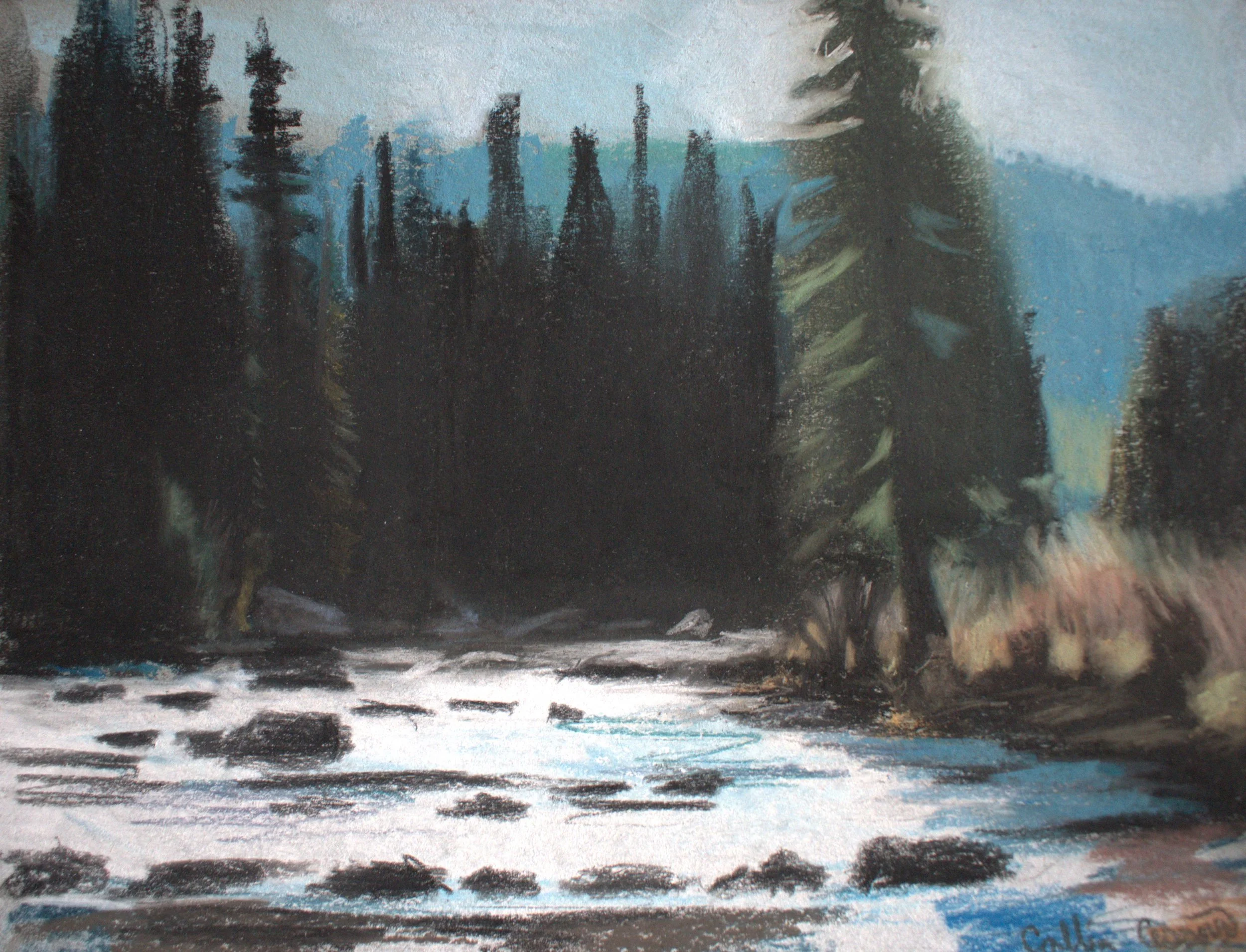 A watercolor painting of a river flowing through a forest with tall evergreen trees, mountains in the background, and a colorful sky.