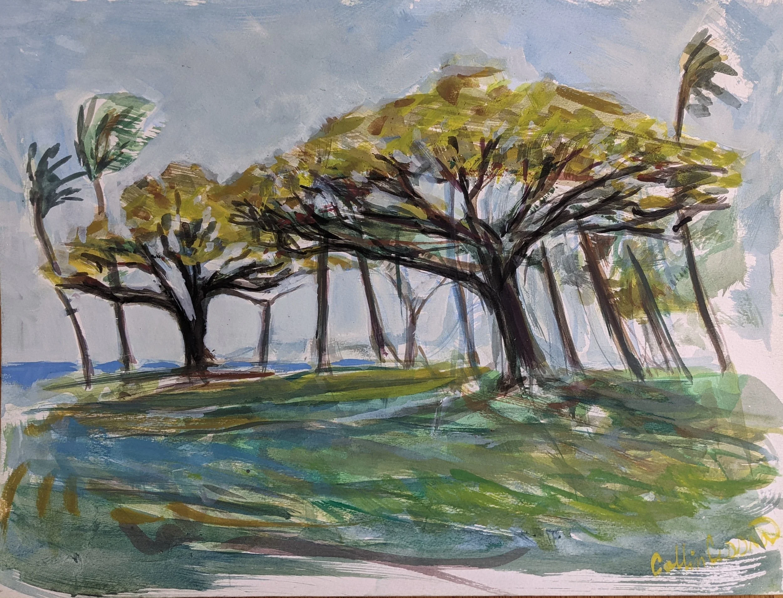 A watercolor painting of a group of trees with lush green foliage, leaning slightly, set on a grassy landscape with a blue sky in the background.