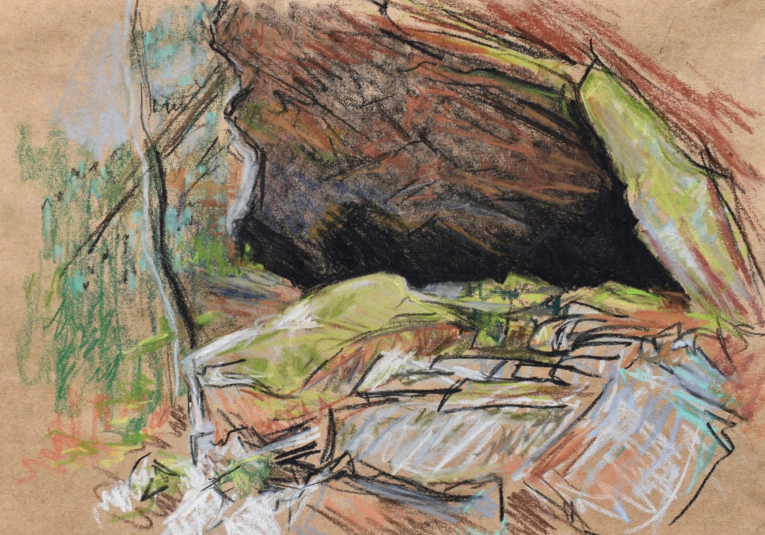 A colorful drawing of a cave with rocks and greenery, with light coming in from outside.