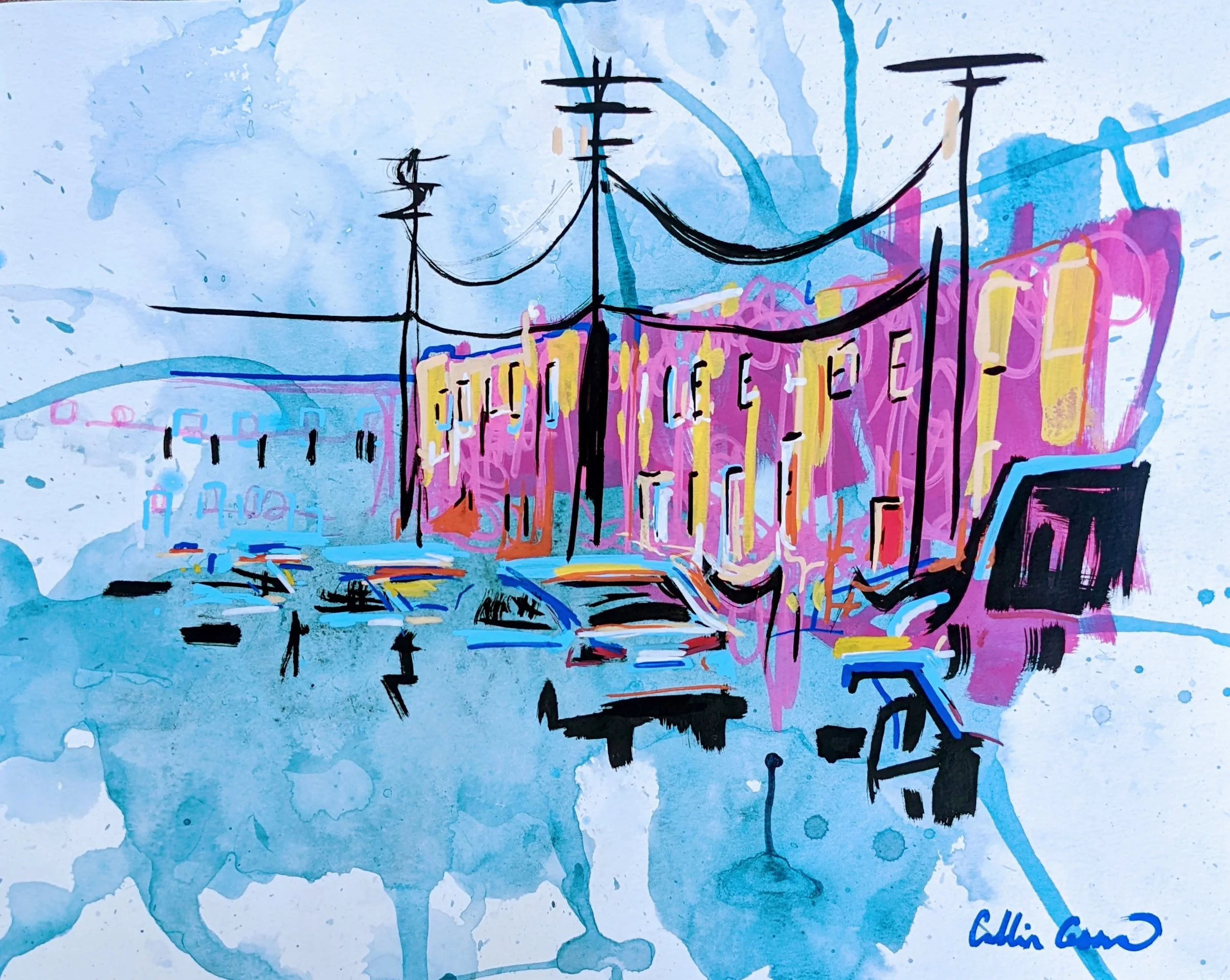 Abstract watercolor painting of a city street scene with buildings, cars, and power lines in vibrant pinks, blues, and yellows.