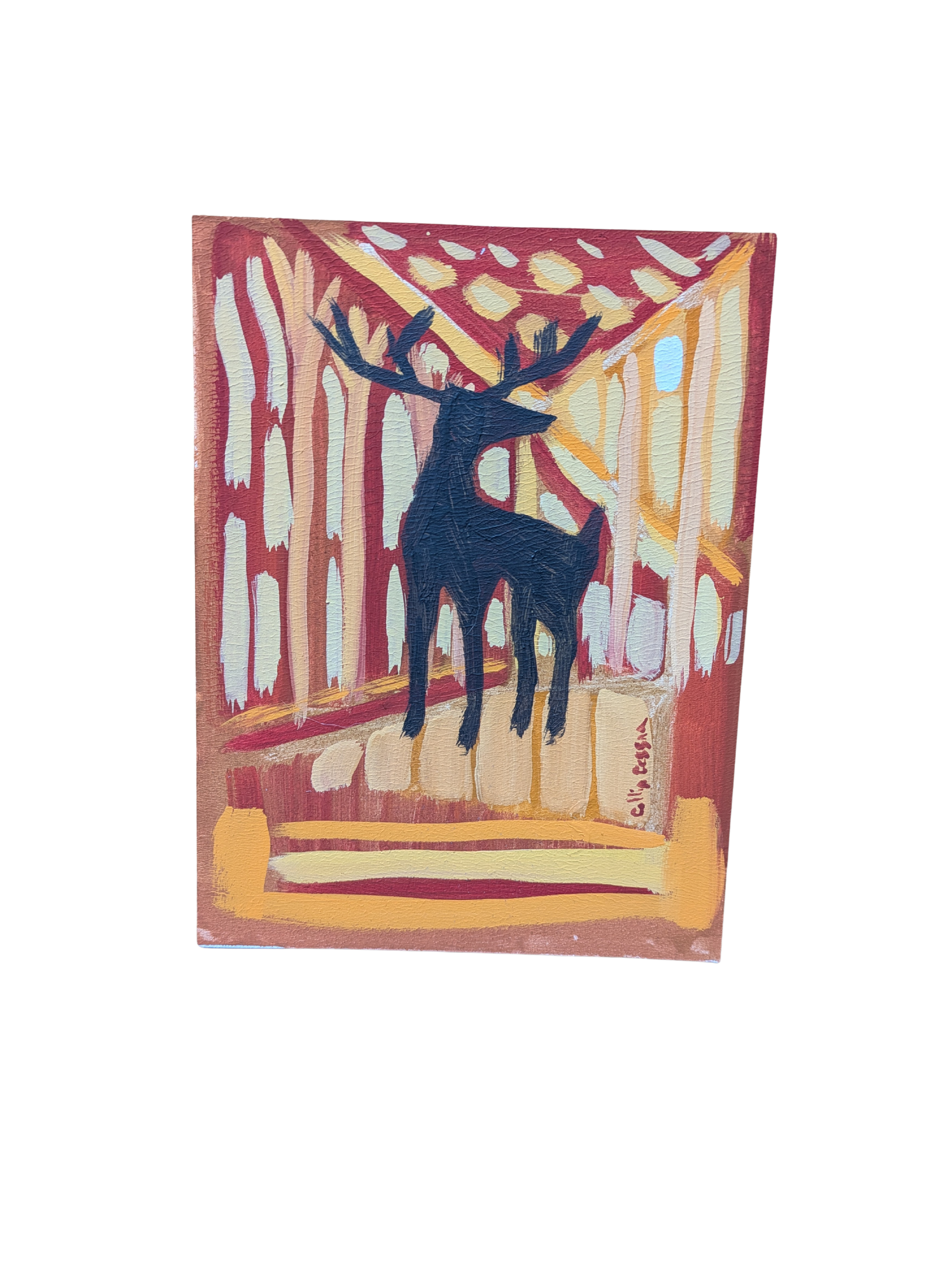 Watchful eye original mixed media painting by Collin Cessna perched deer oil casein wildlife folk