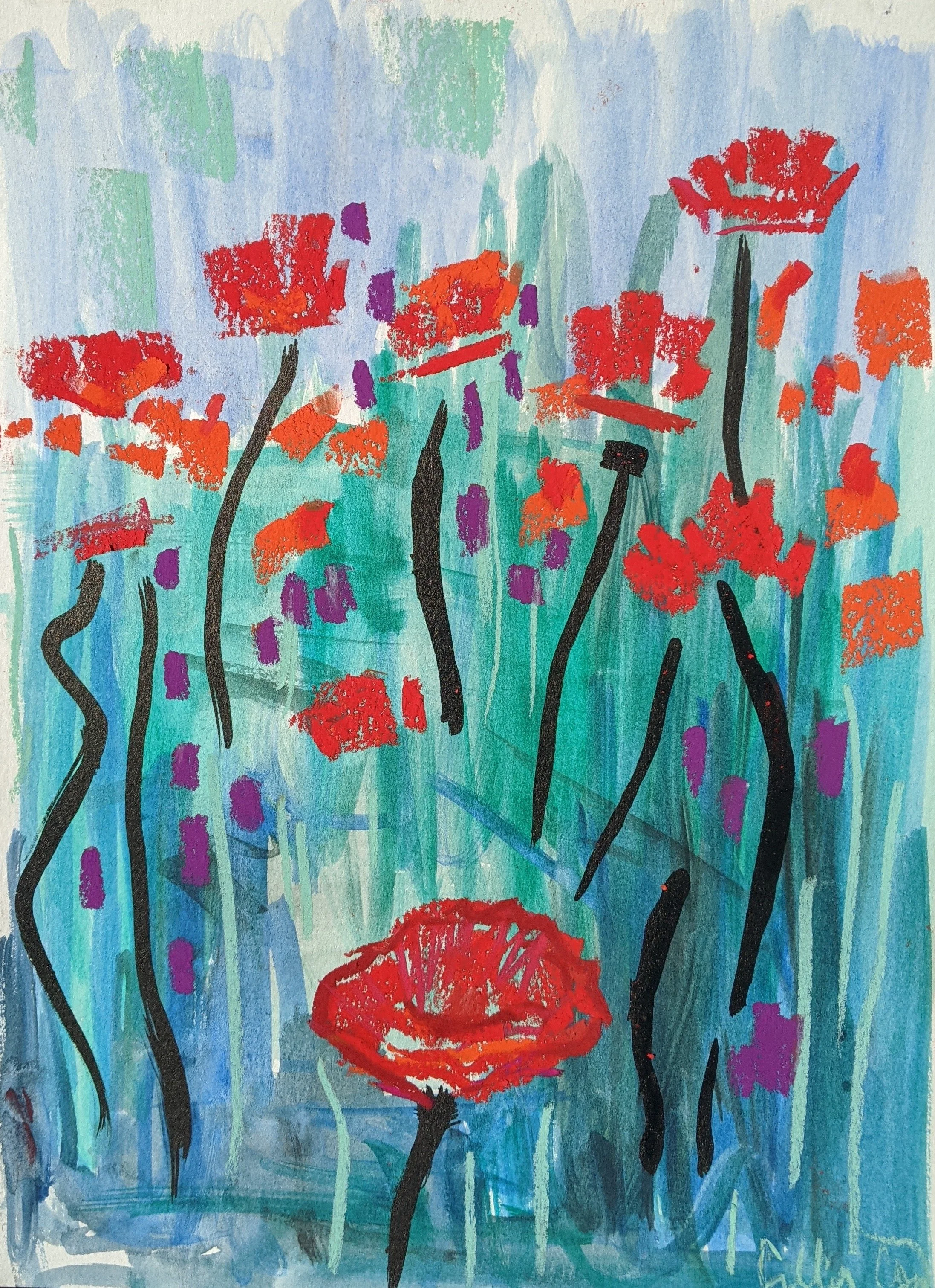 An abstract painting featuring red flowers, green stems, and purple accents on a blue background.