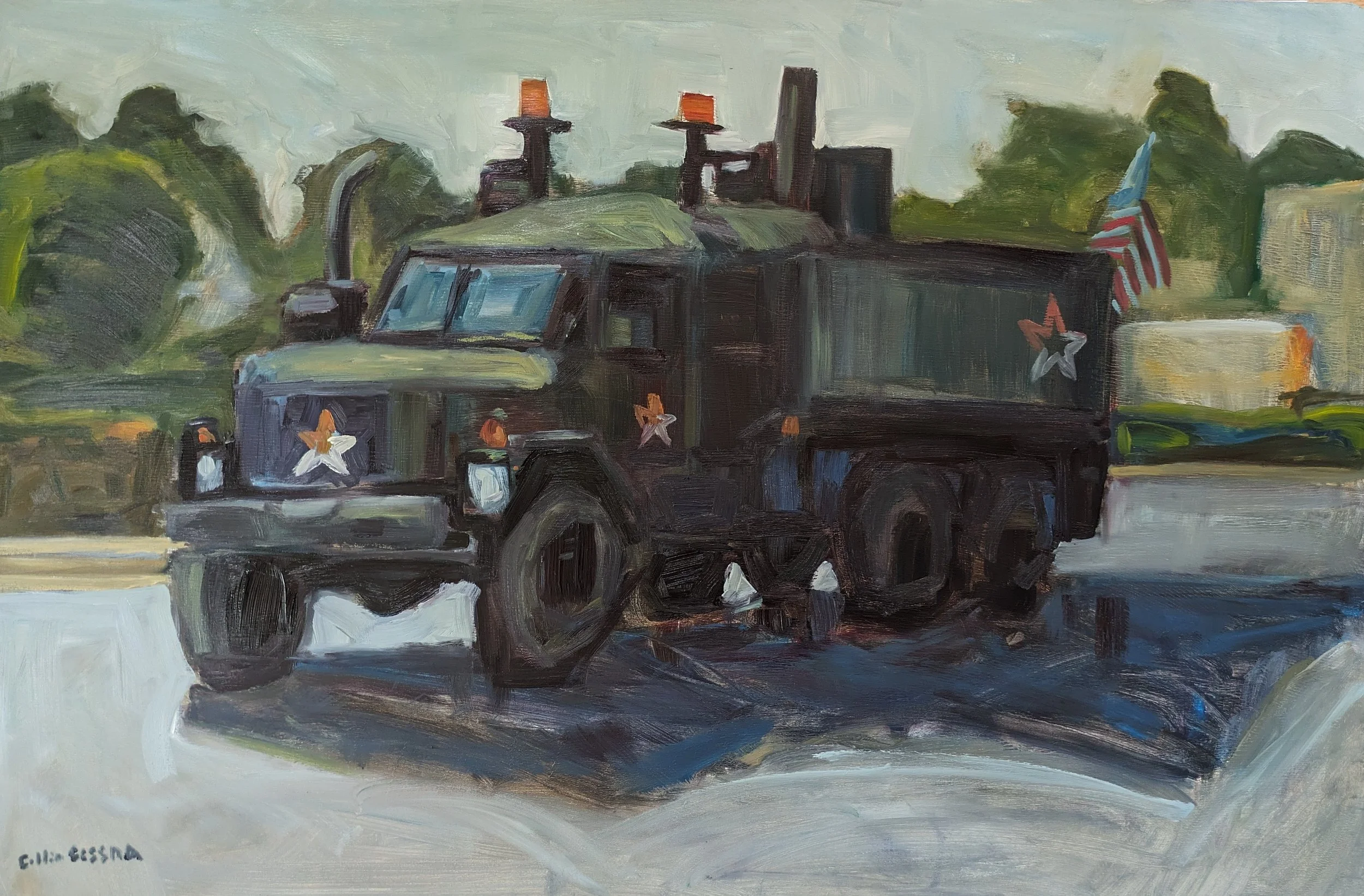 Oil painting of a military vehicle, possibly a tank or armored truck, painted predominantly in dark colors with American flags and star decorations. The background includes trees and a cloudy sky.