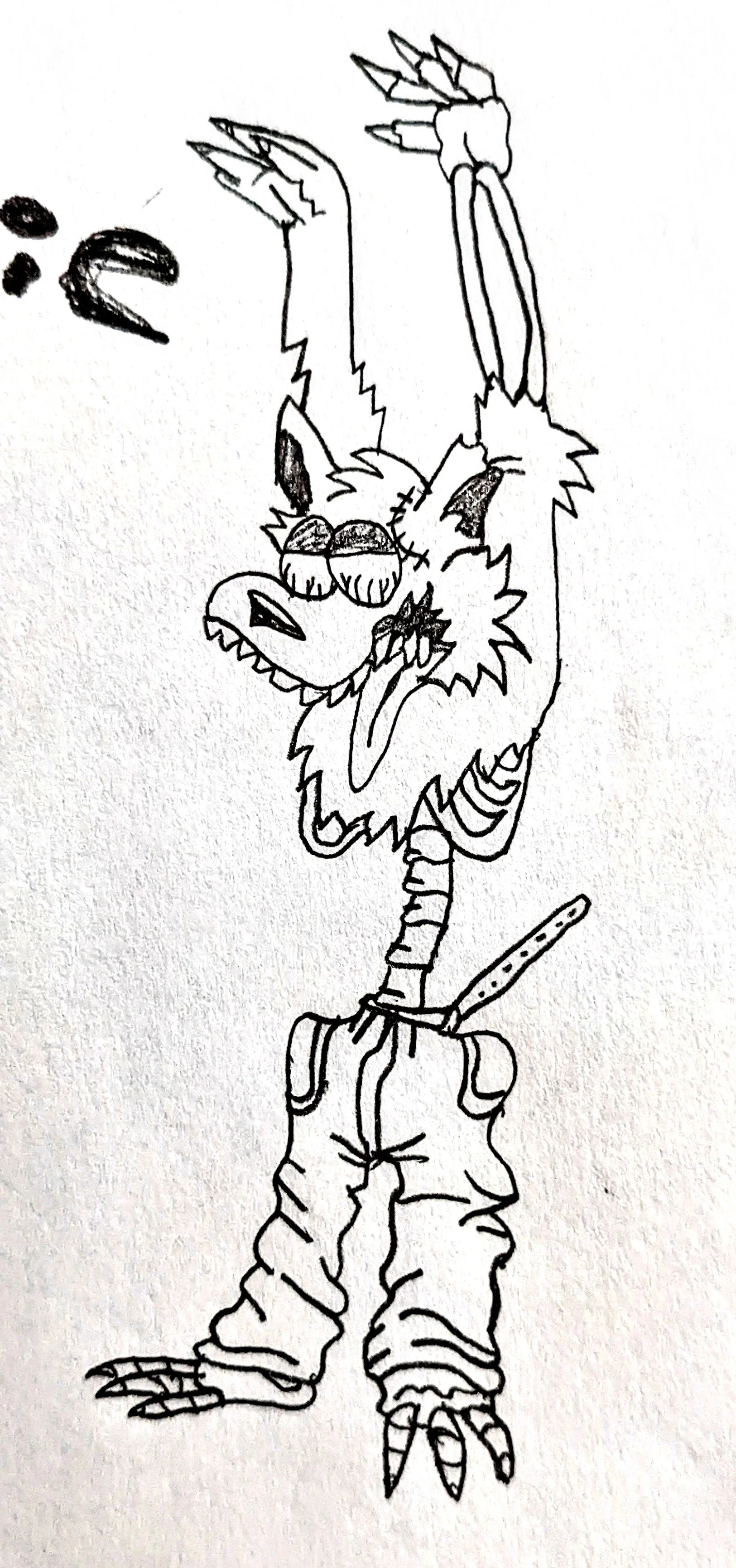 A black and white sketch of an anthropomorphic creature with a wolf or dog-like face, glasses, and human-like hands. The creature has a furry body with a striped tail, is wearing pants, and is posed standing and stretching one arm upwards, with its e