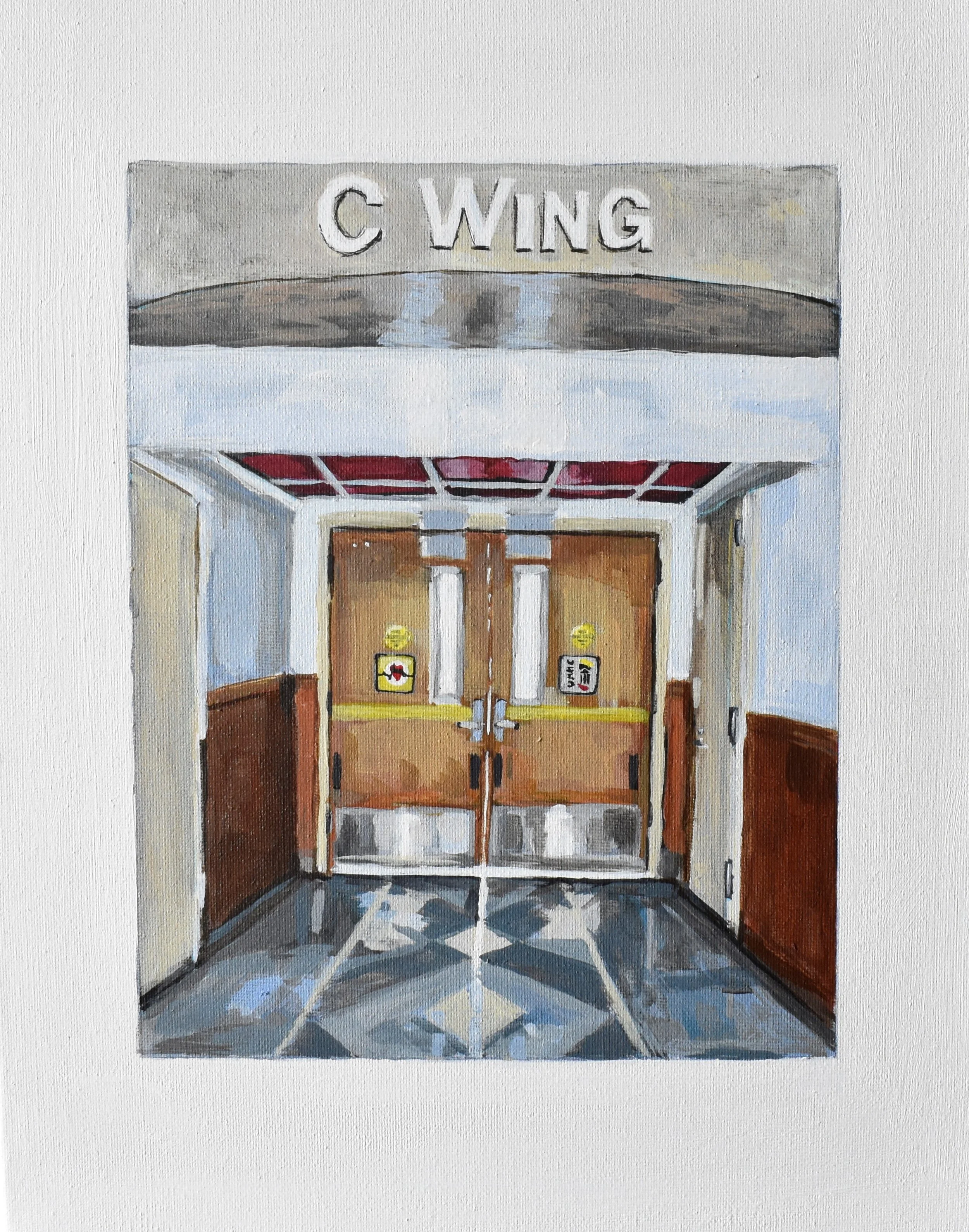 A watercolor painting of a church entrance with double wooden doors, a small sign, and a sign above the doors that reads 'C WING'.