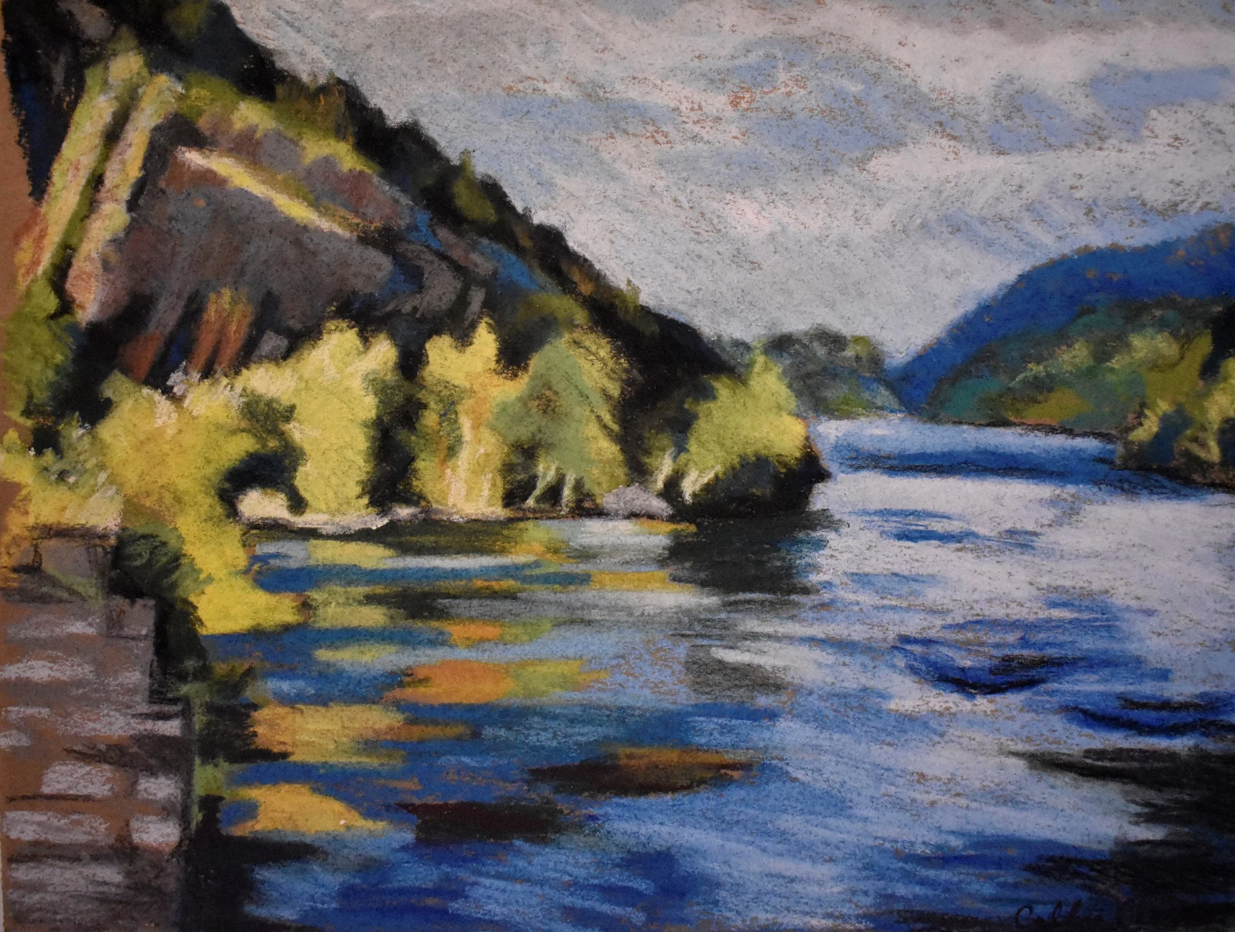 Painting of a river with trees on both sides, mountains in the background, and a cloudy sky.