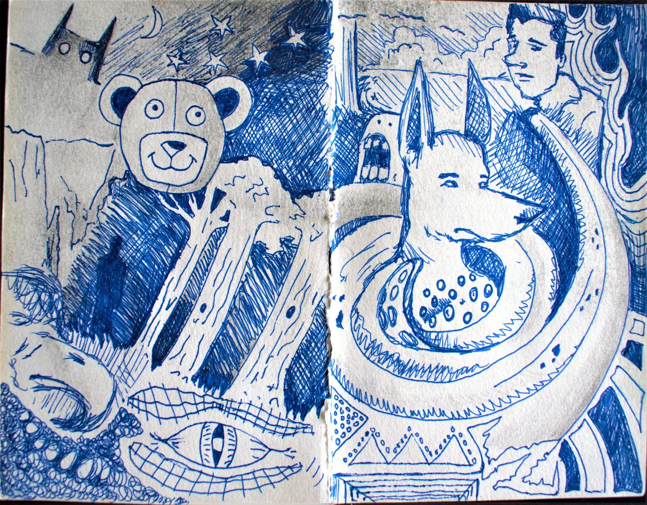 A hand-drawn illustration in blue ink features a bear's face with a smiling expression, a humanoid character with a dragon head, and various abstract and surreal elements like an eye, stars, and a house, with a sky filled with clouds and birds.