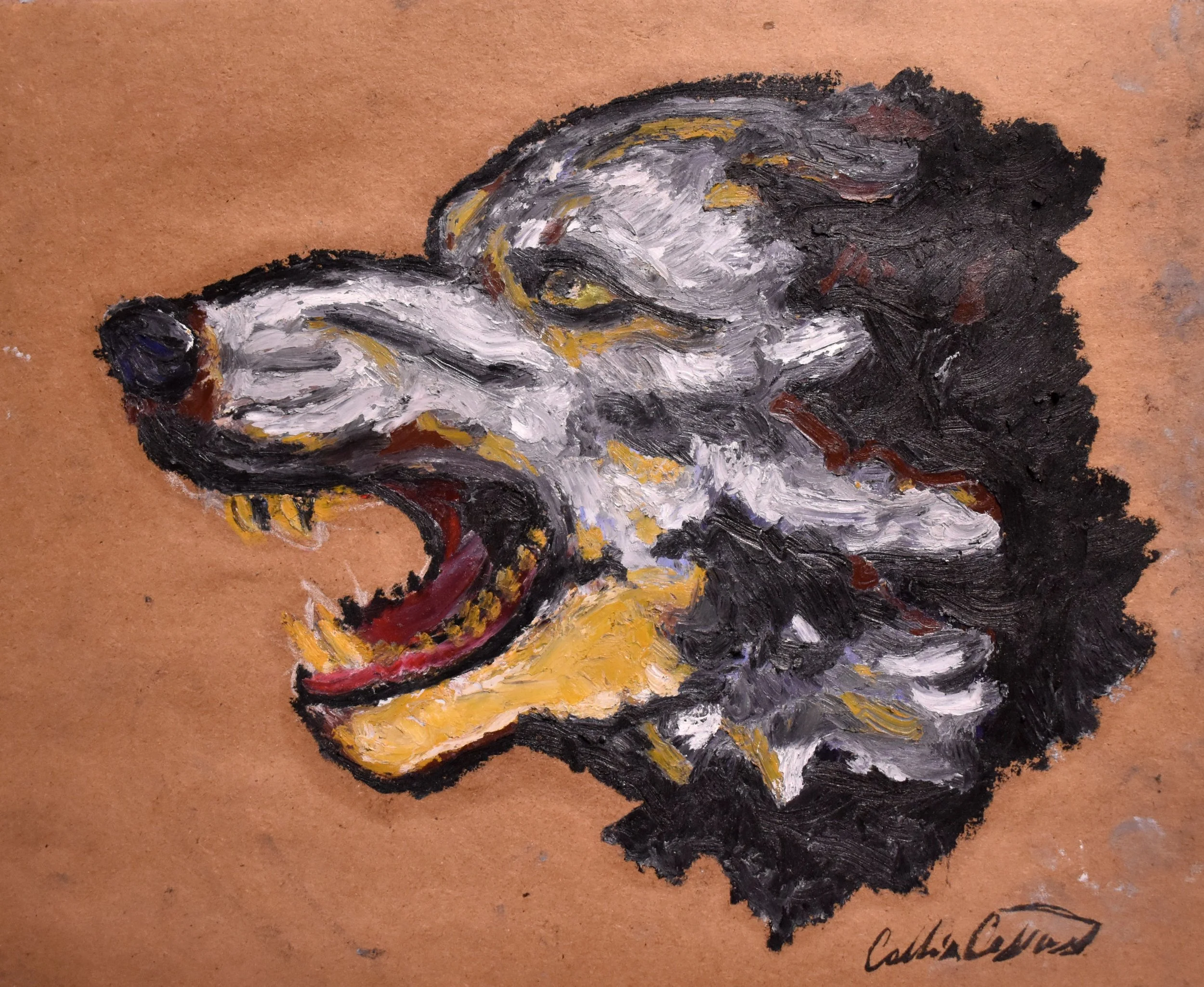 Painting of a roaring dog with a black and gray mane, yellow and white fur, and an open mouth showing teeth and tongue, on brown paper background.