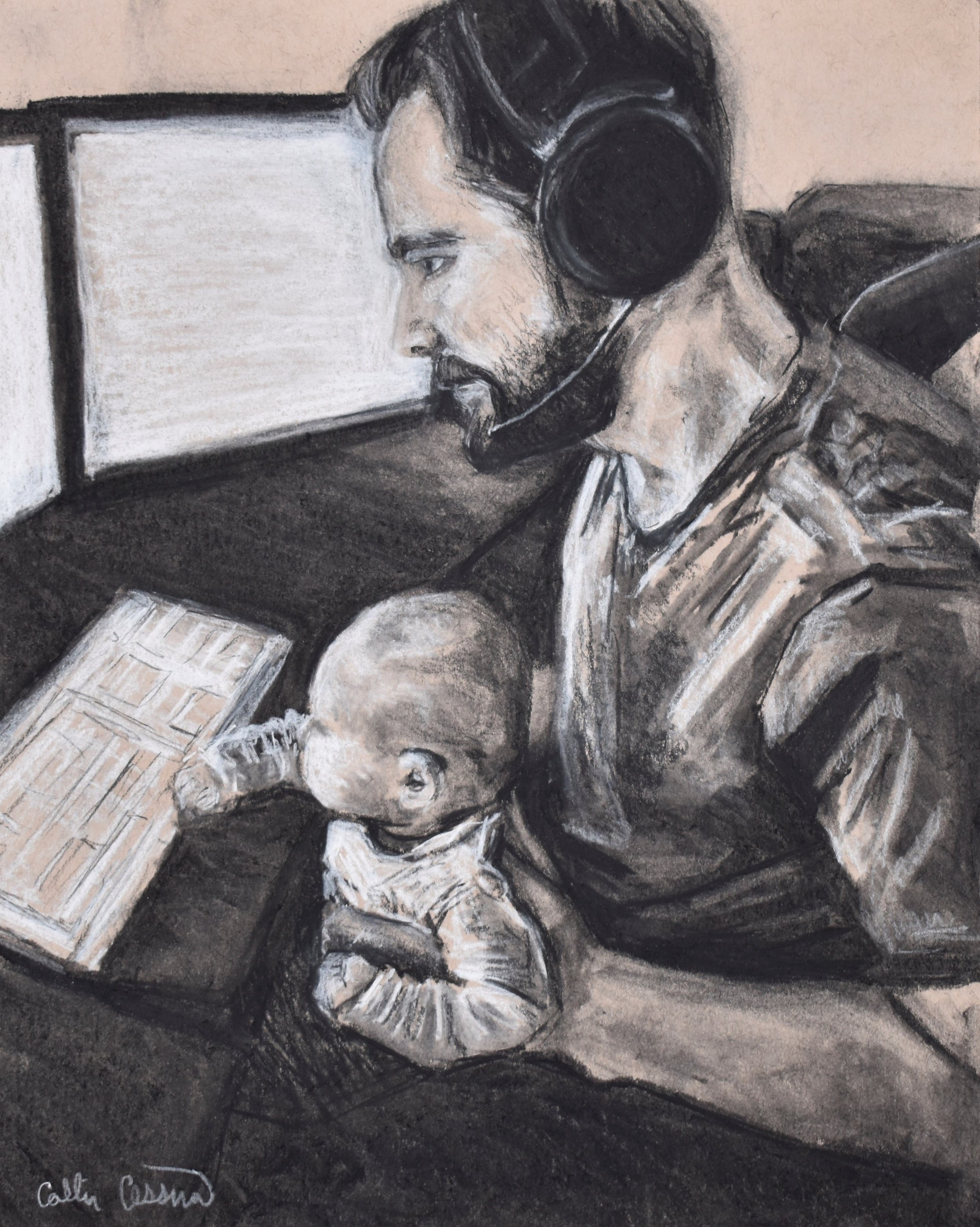 Drawing of a man wearing a headset, working at a computer with a baby sitting on his lap, holding a small object.