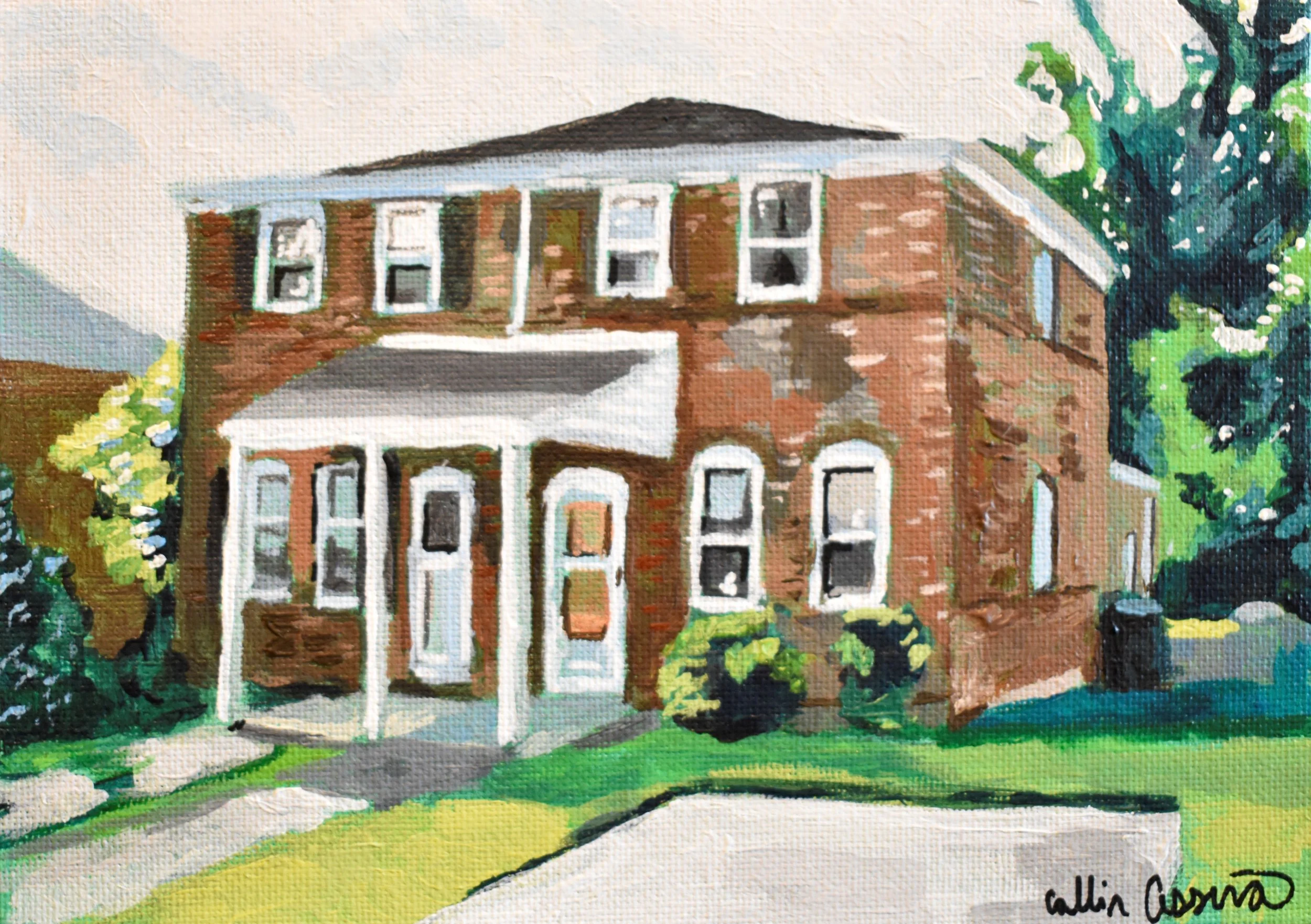 Painting of a brick house with a white porch, surrounded by green bushes and trees, with shadows cast on the lawn.