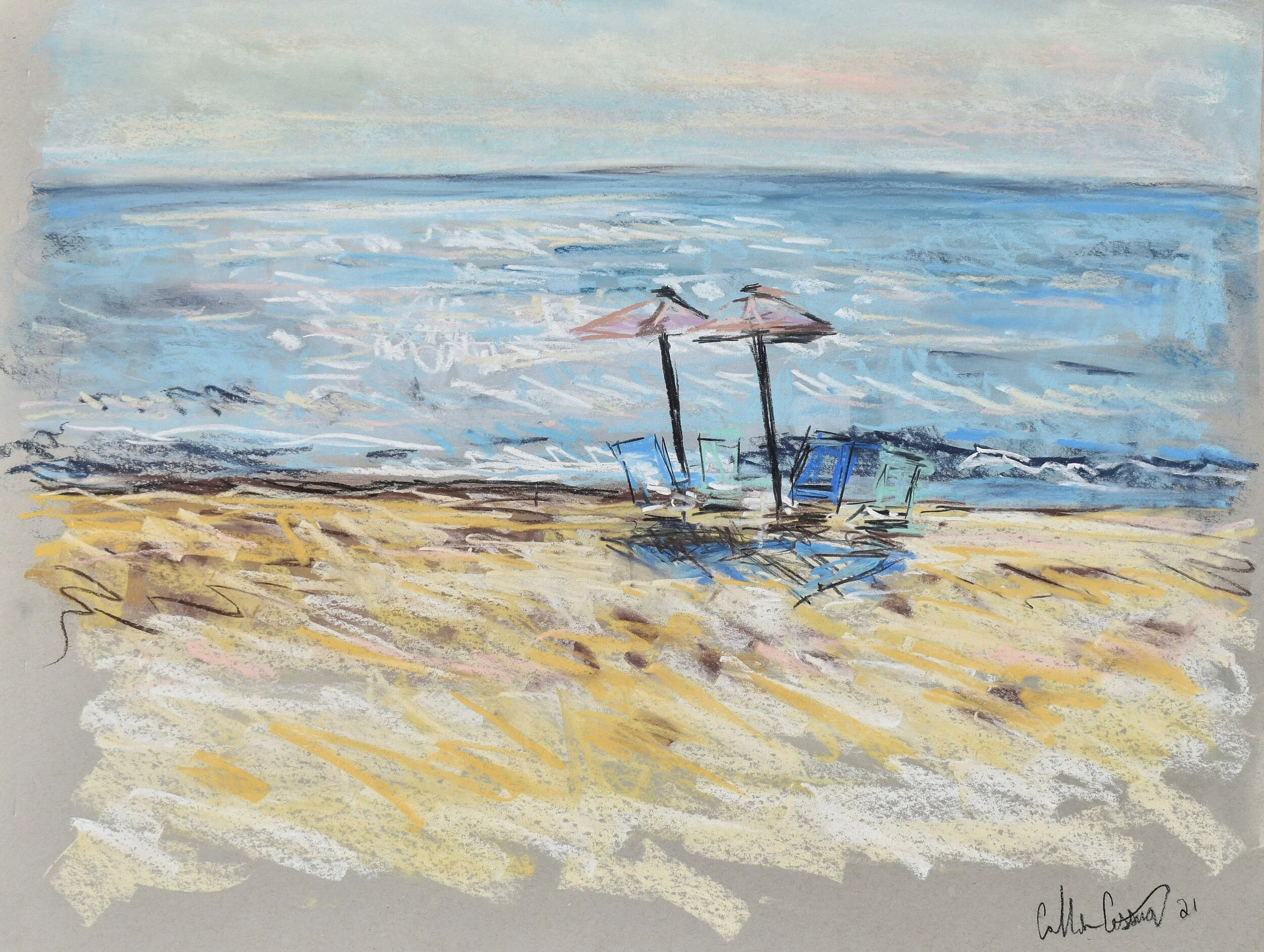 OCMD Ocean City MD Art beach umbrellas beach Collin Cessna drawing pastel