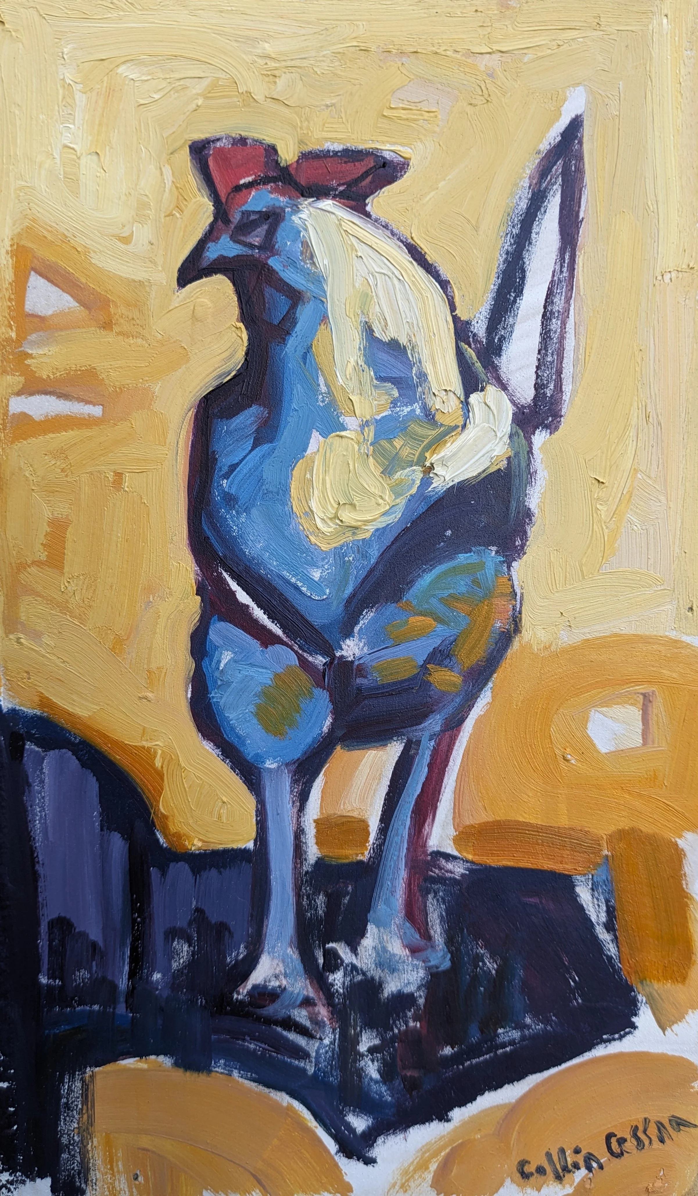 An abstract painting of a blue and white cat seen from the back, sitting on a surface with a yellow background.