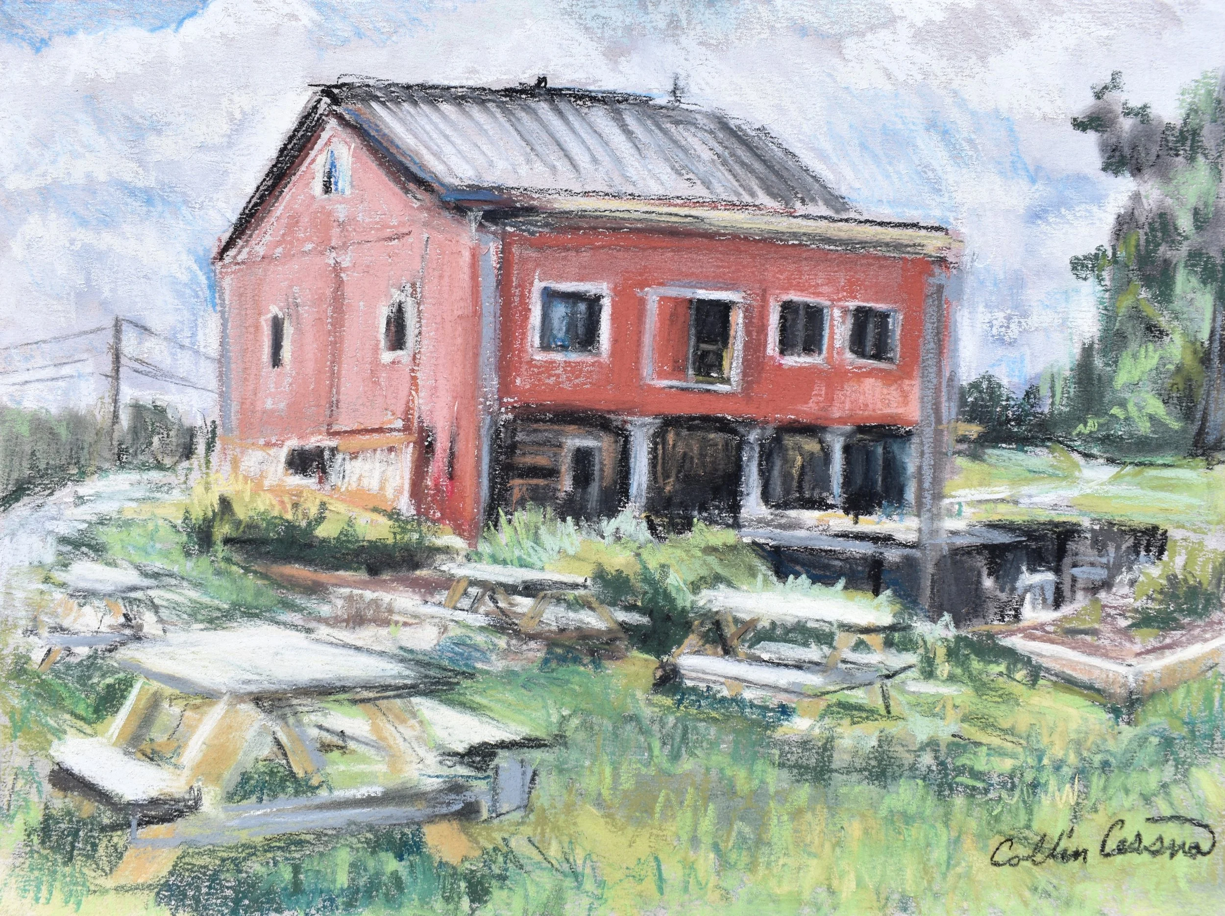 A watercolor painting of an old red house on stilts with a corrugated metal roof, surrounded by overgrown grass, picnic tables, and a cloudy sky.