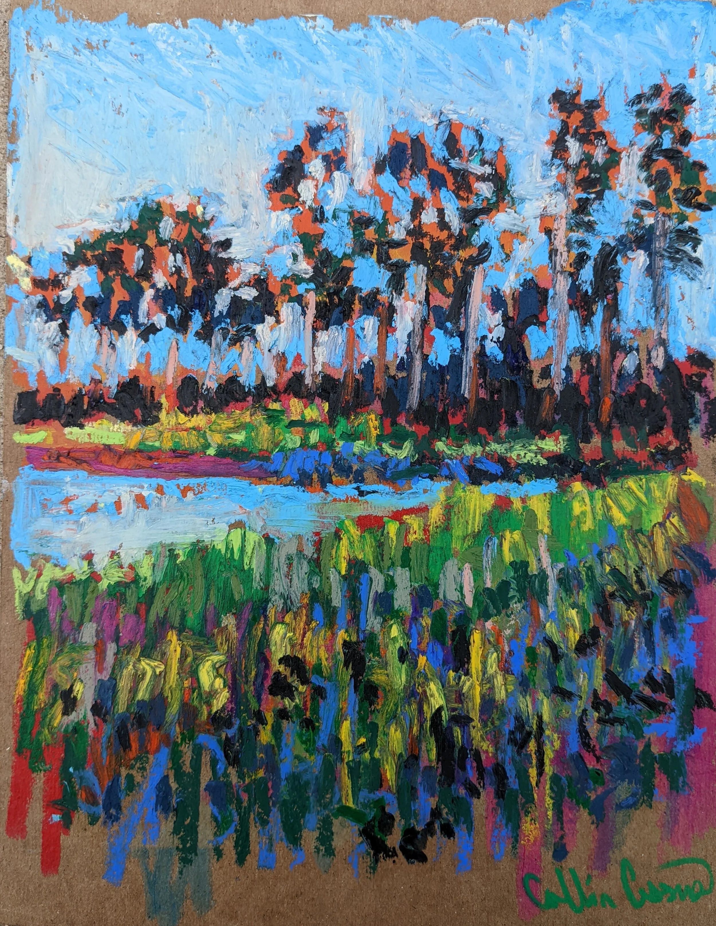 Colorful impressionistic painting of a landscape with trees, a river, and bright green grass.