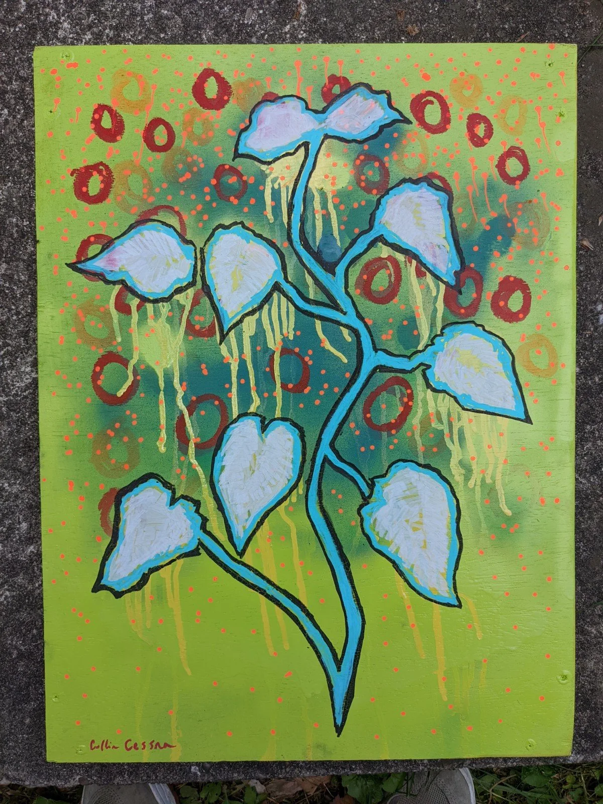 Collin Cessna Artist Baltimore paints hollyhocks abstract floral mixed media painting spray paint md