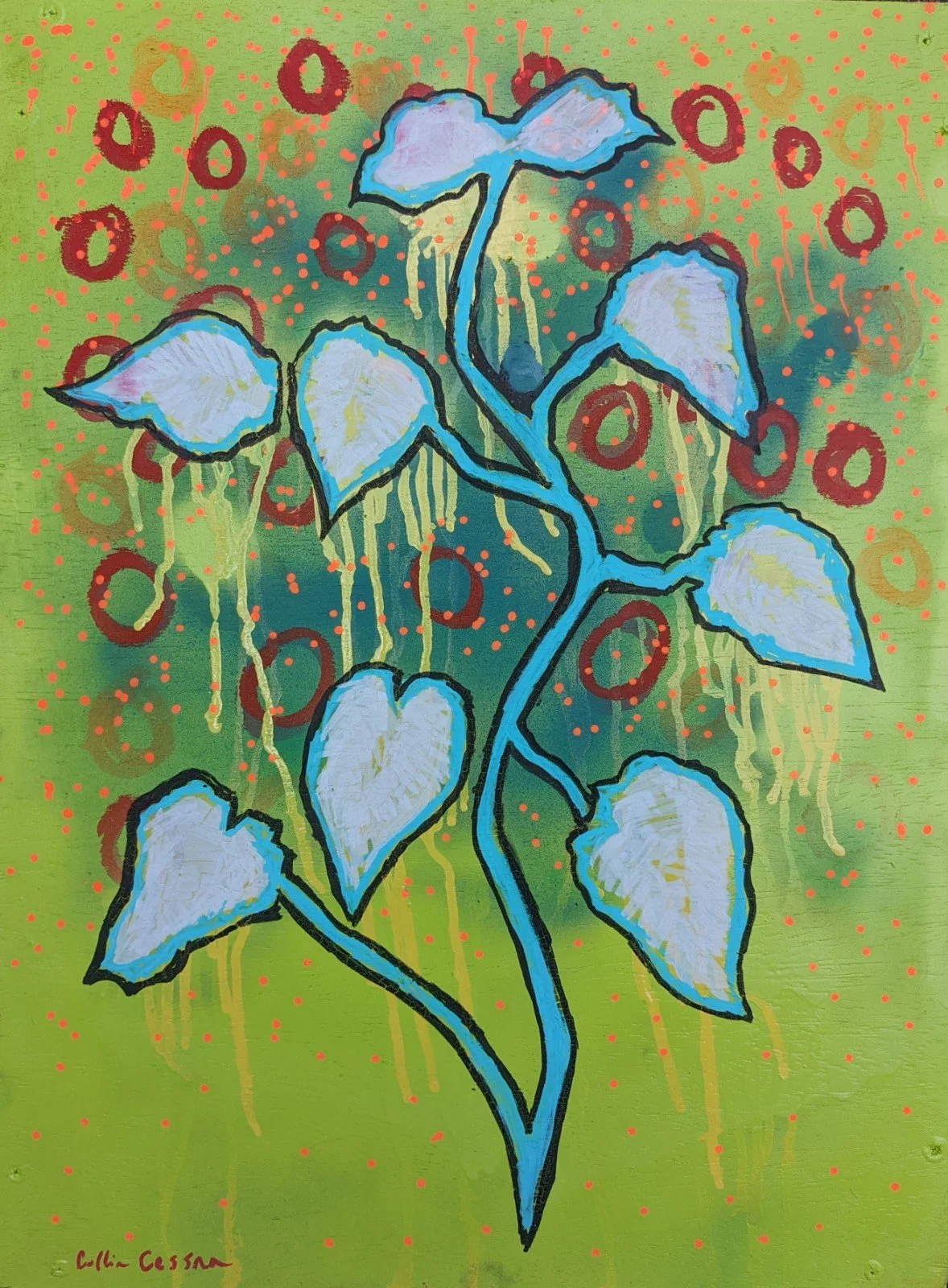 Collin Cessna Artist Baltimore paints hollyhocks abstract floral mixed media painting spray paint md