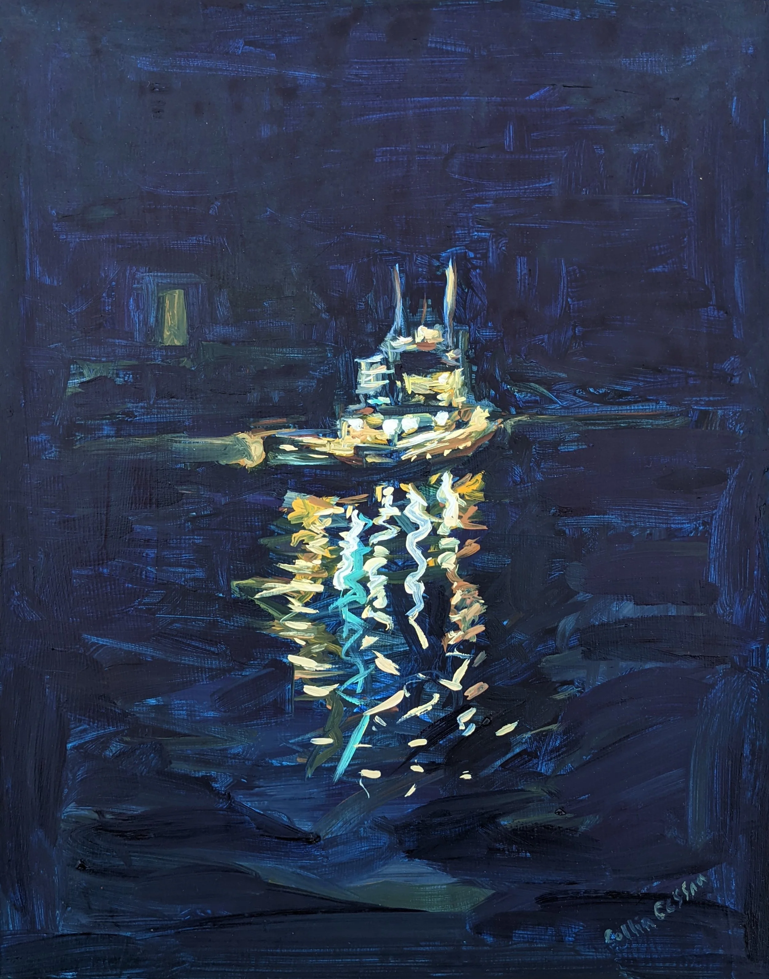 Collin Cessna Artwork paints tug boat at Night Keith Avenue in Canton Baltimore Maryland MD Oil pain
