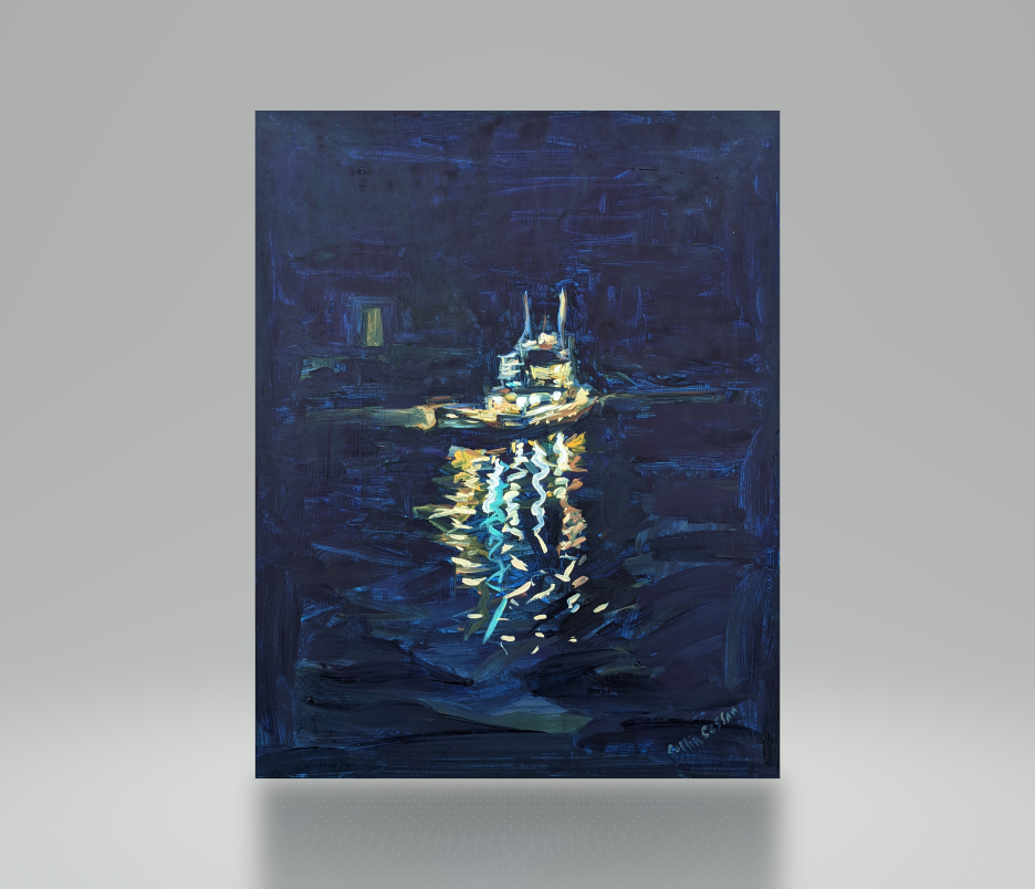 Collin Cessna Artwork paints tug boat at Night Keith Avenue in Canton Baltimore Maryland MD Oil pain