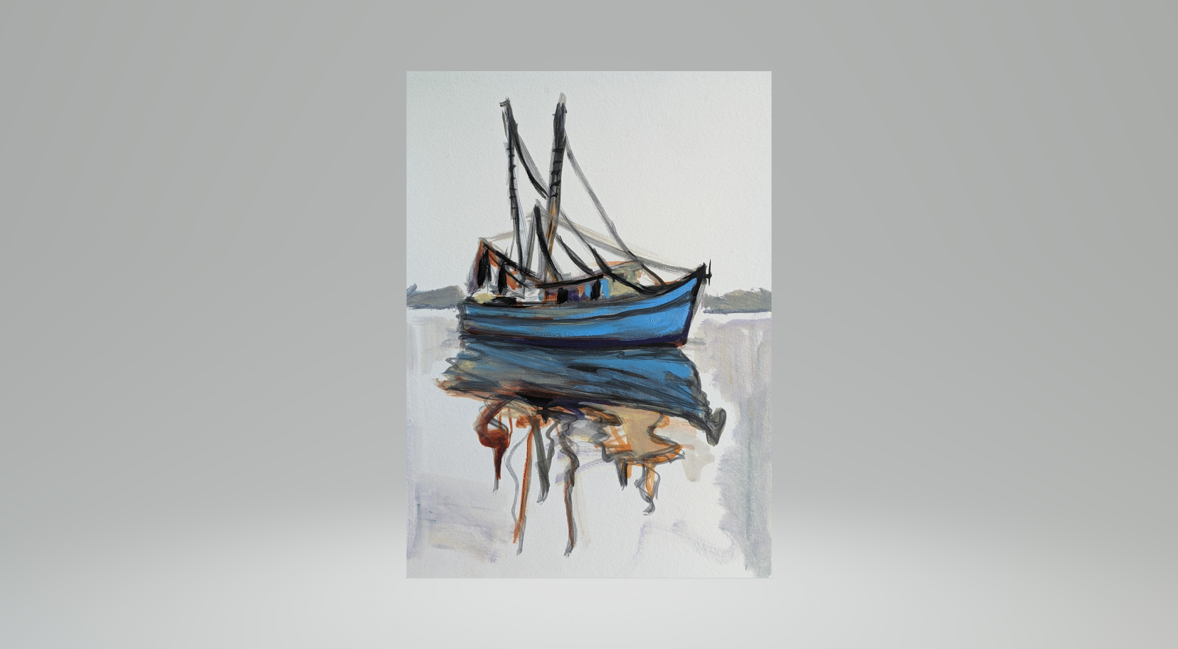 Collin Cessna paints a blue outrigger using oil paint on paper artist Art MD Maryland water boats (Copy)
