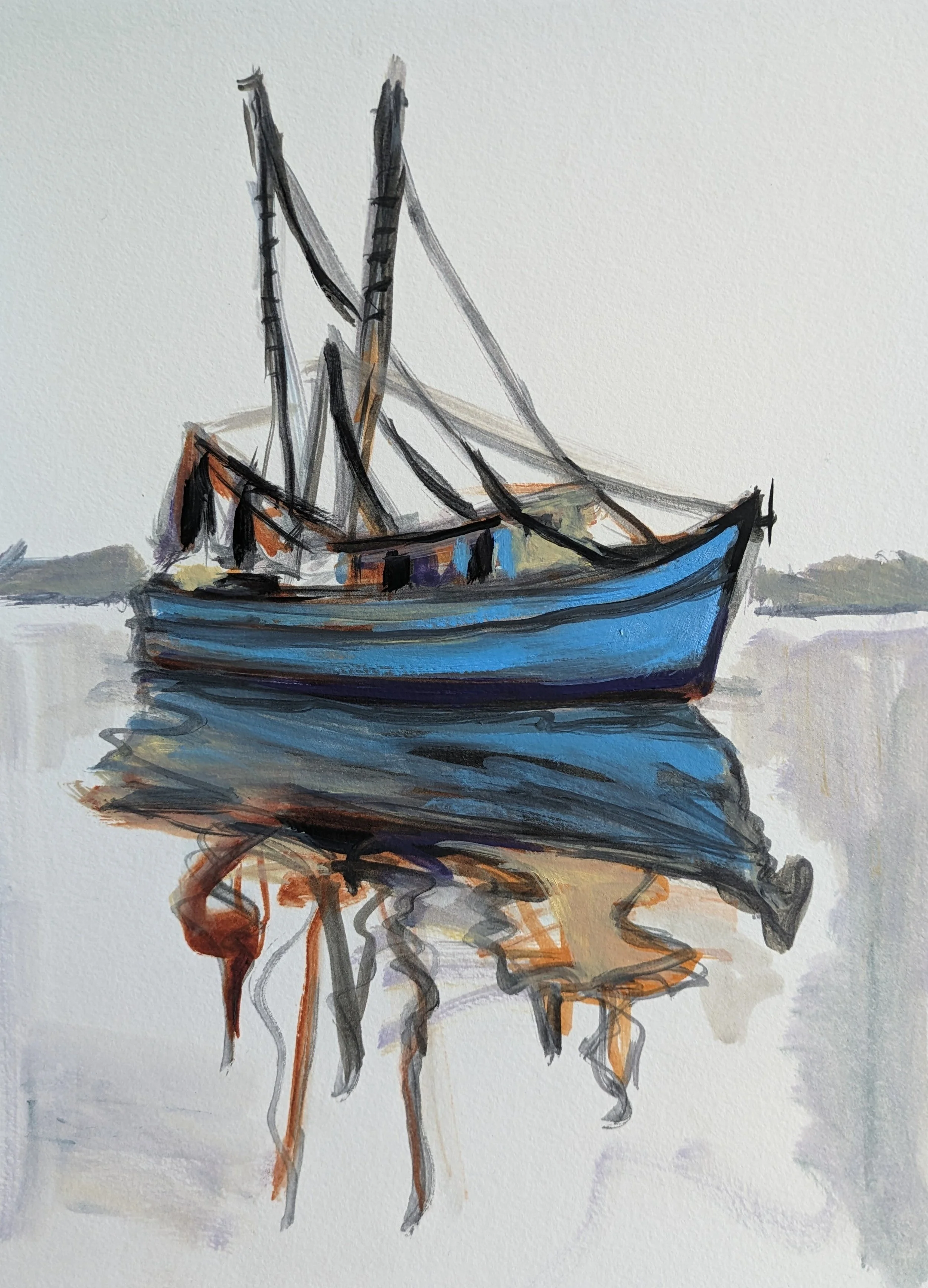 Collin Cessna paints a blue outrigger using oil paint on paper artist Art MD Maryland water boats (Copy)