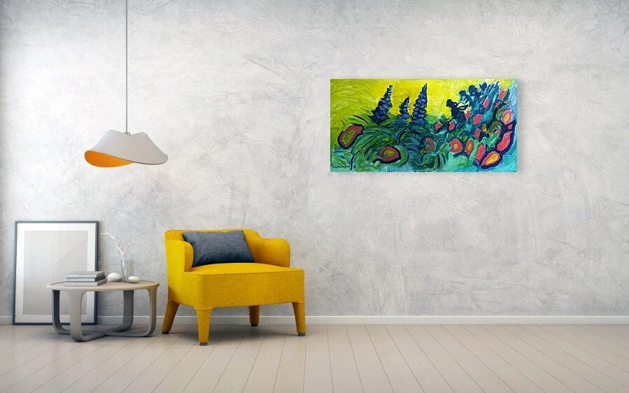 Collin Cessna baltimore artist paints lupine shrine original oil painting of three flowers yellow ar