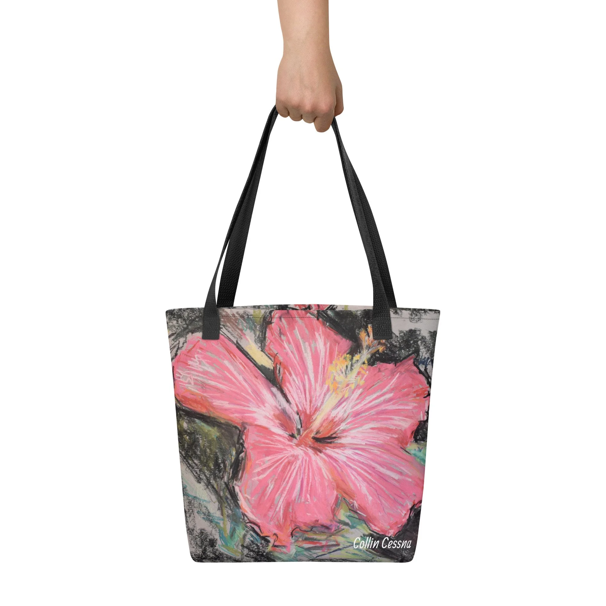 Floral painter artist Collin Cessna paints pink hibiscus tote bag oil soft pastel artwork art bmore