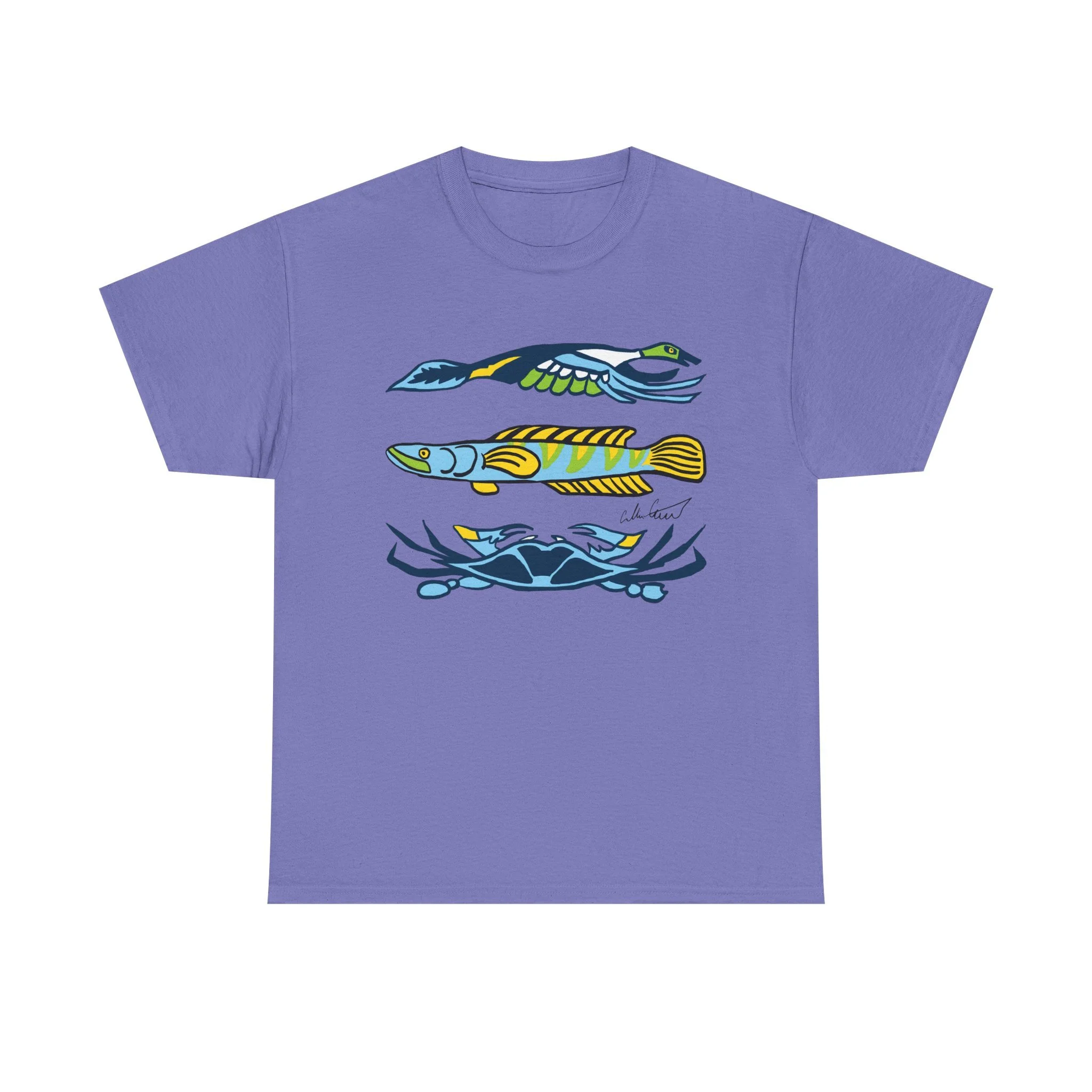 purple graphic tee water animals blue crab