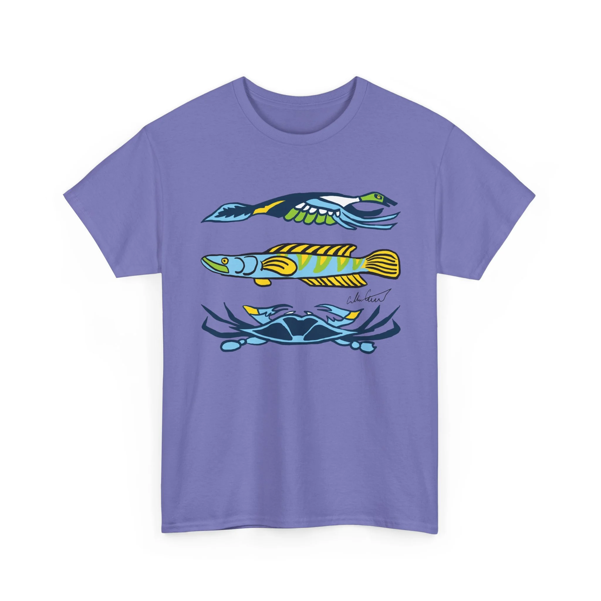 purple graphic tee water animals blue crab
