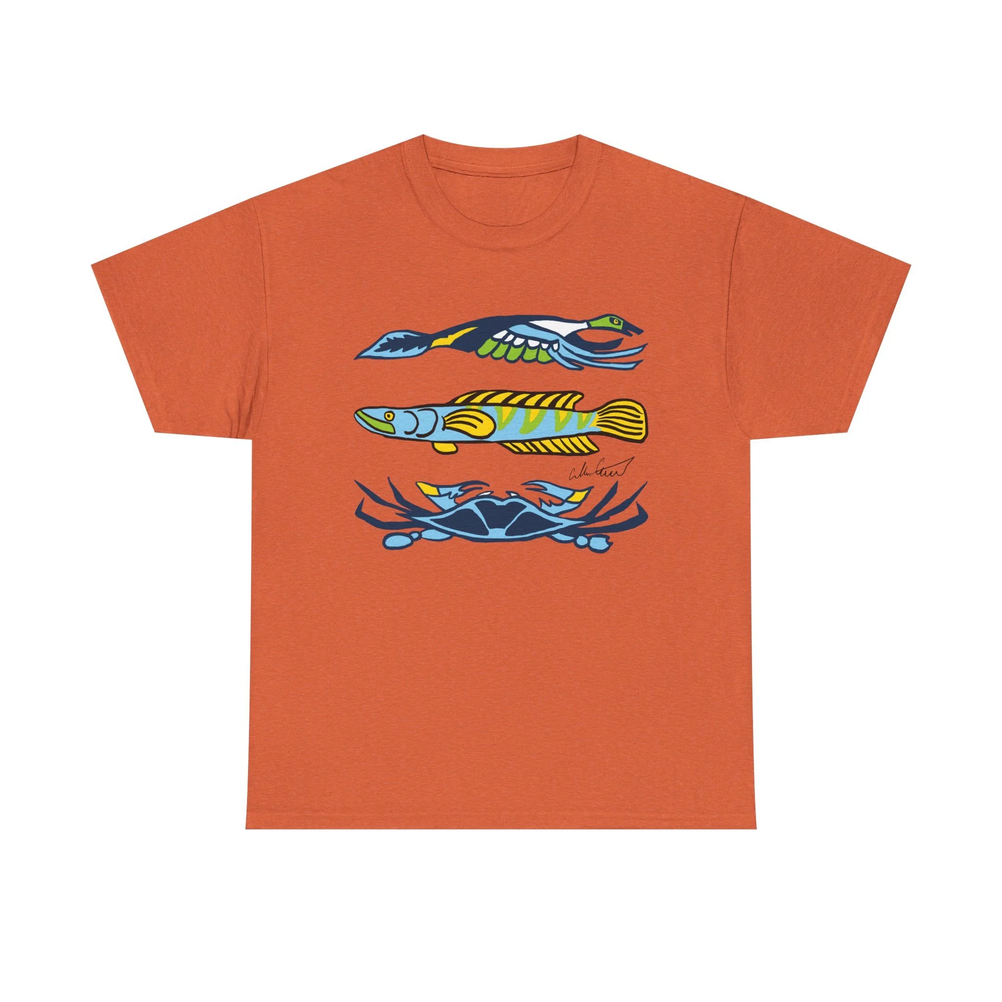 orange graphic tee water animals blue crab