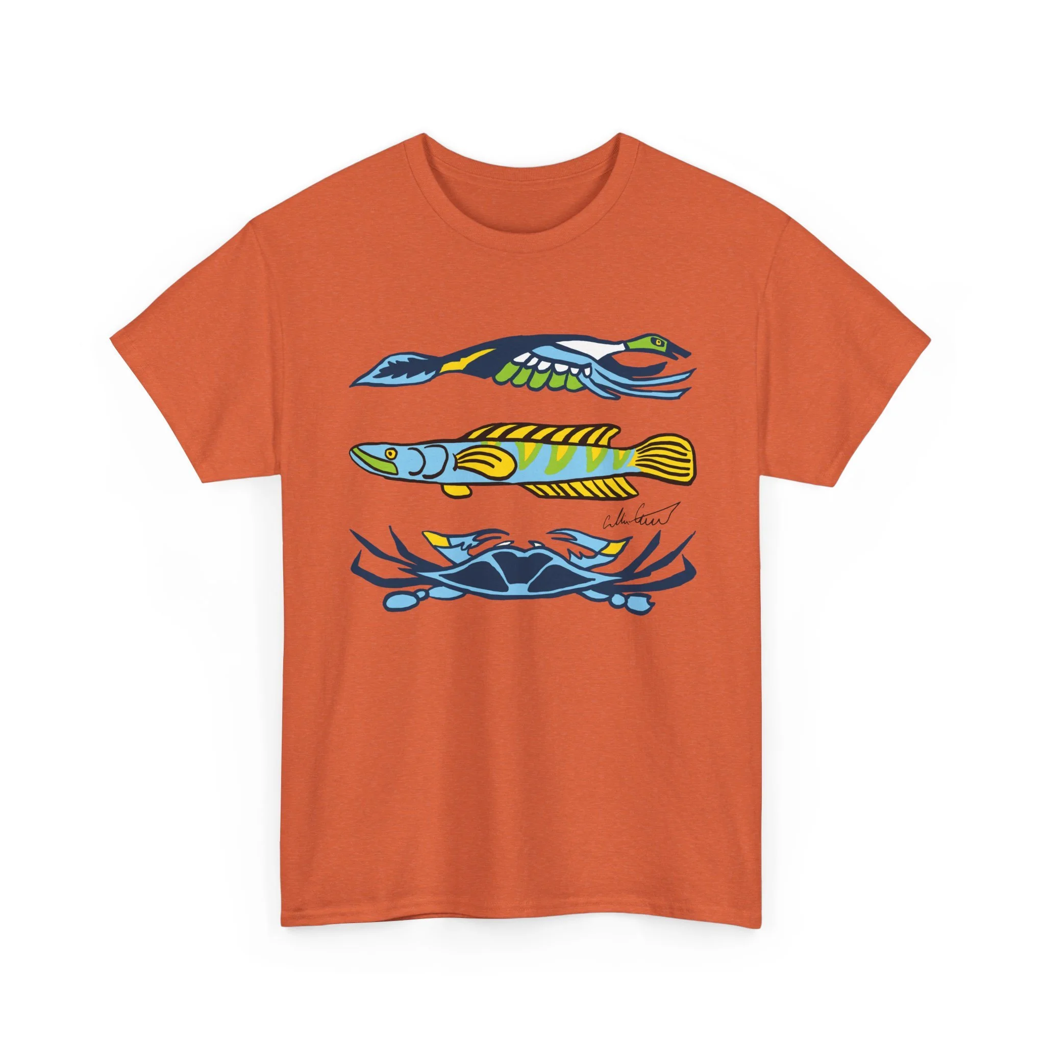 orange graphic tee water animals blue crab