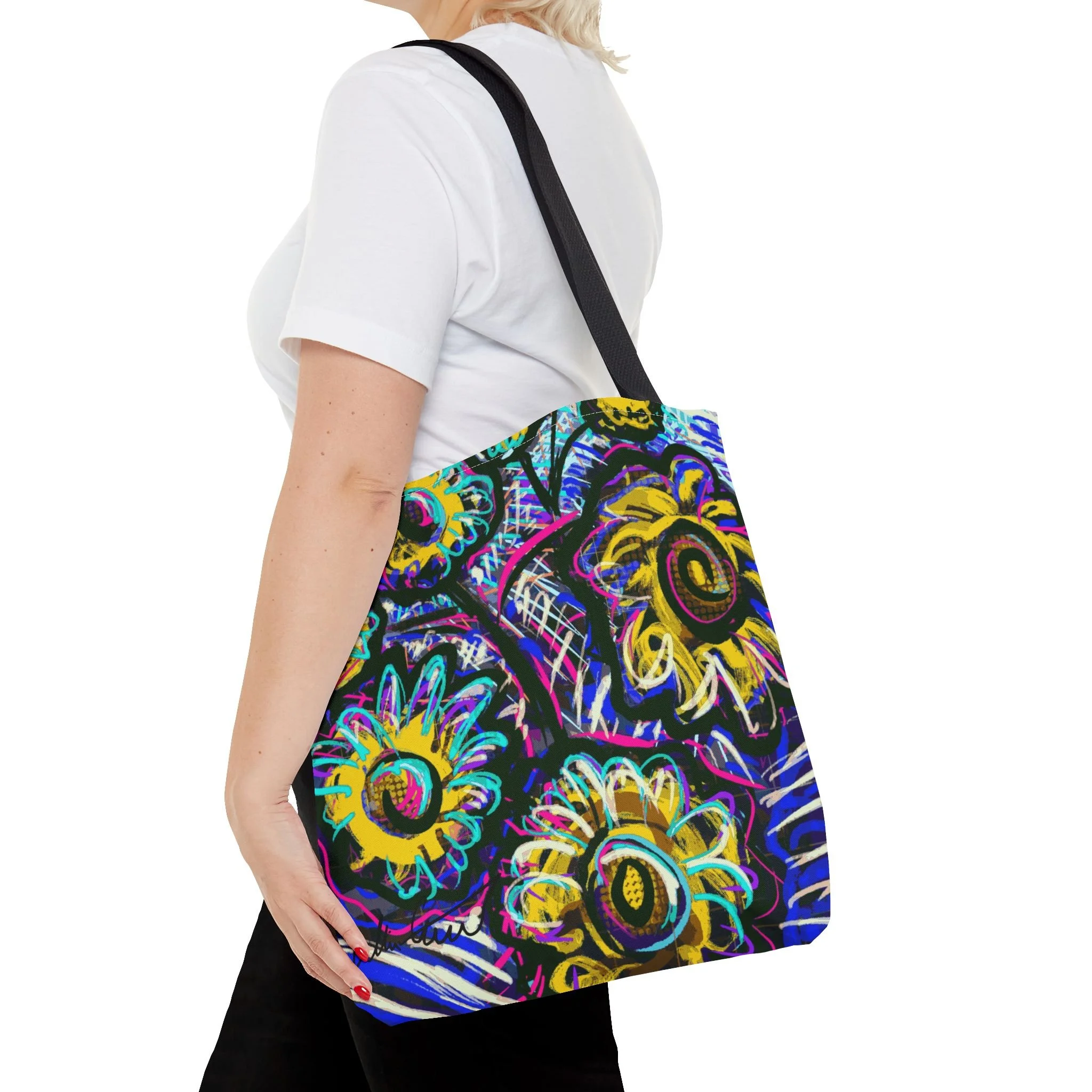 digital flower art tote bag colorful neon convenient