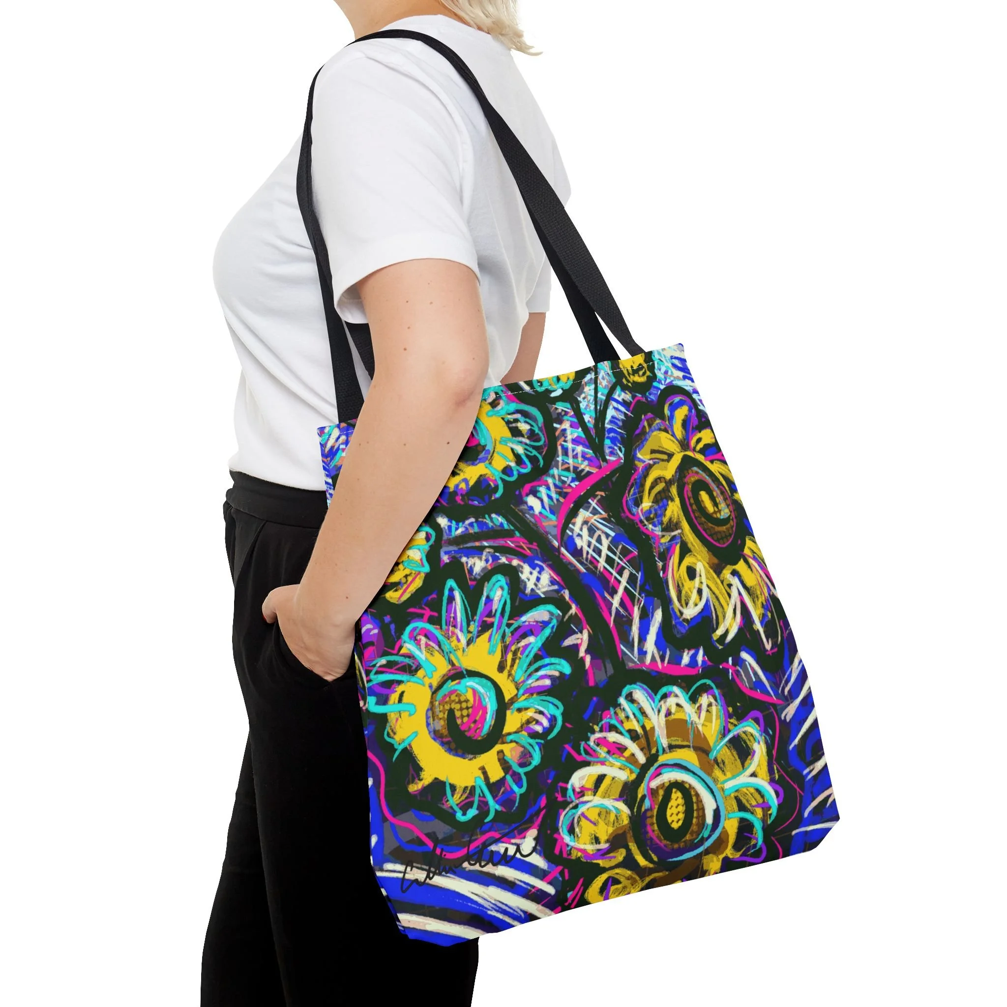 digital flower art tote bag colorful neon convenient