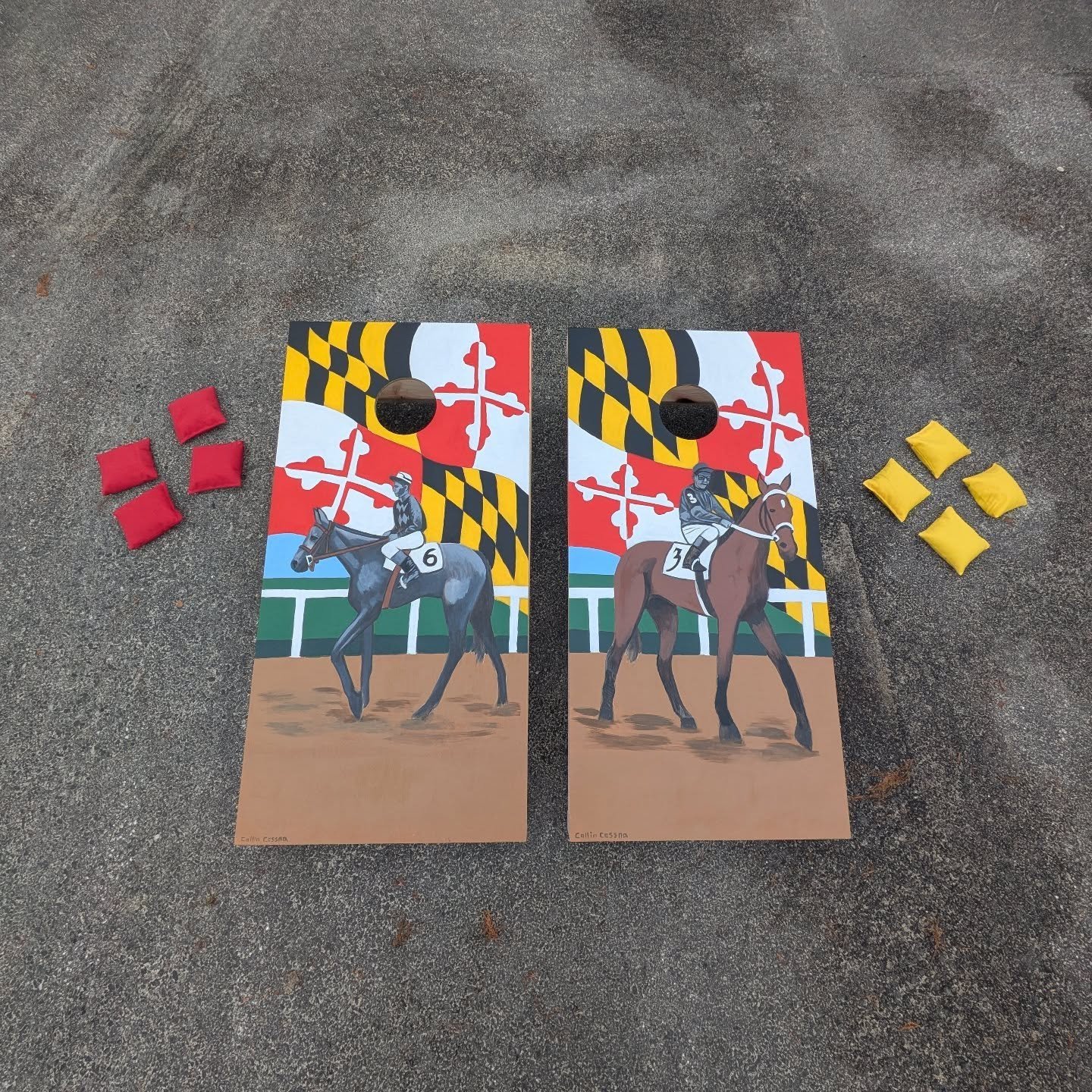 I just finished a custom cornhole board set inspired by the Preakness. These boards feature race winning horses that were bred in Maryland, Challedon and Native Dancer!