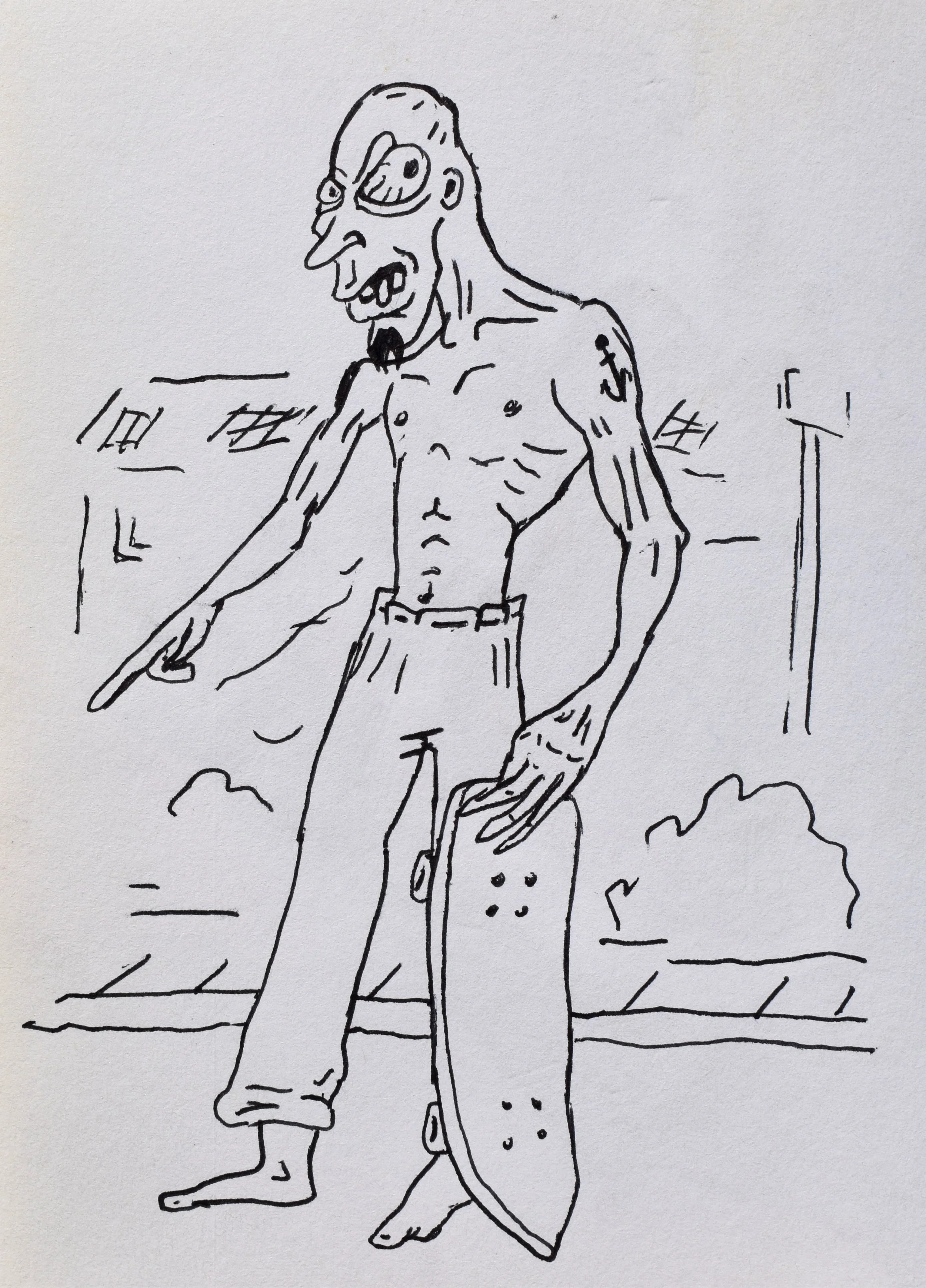 A black and white sketch of a shirtless man with a skateboard.