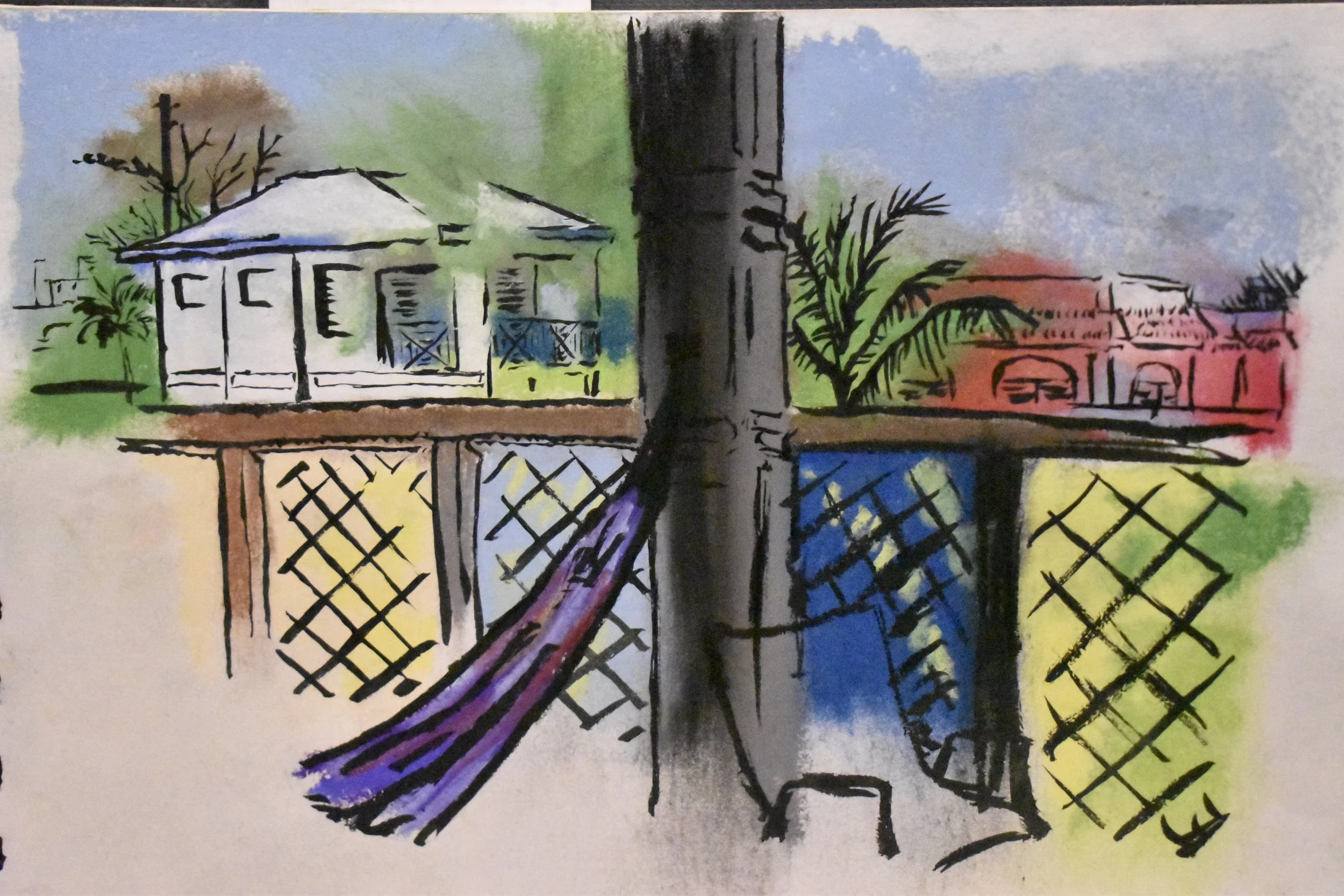 Colorful watercolor painting of a backyard scene with a wooden fence, trees, and houses in the background.