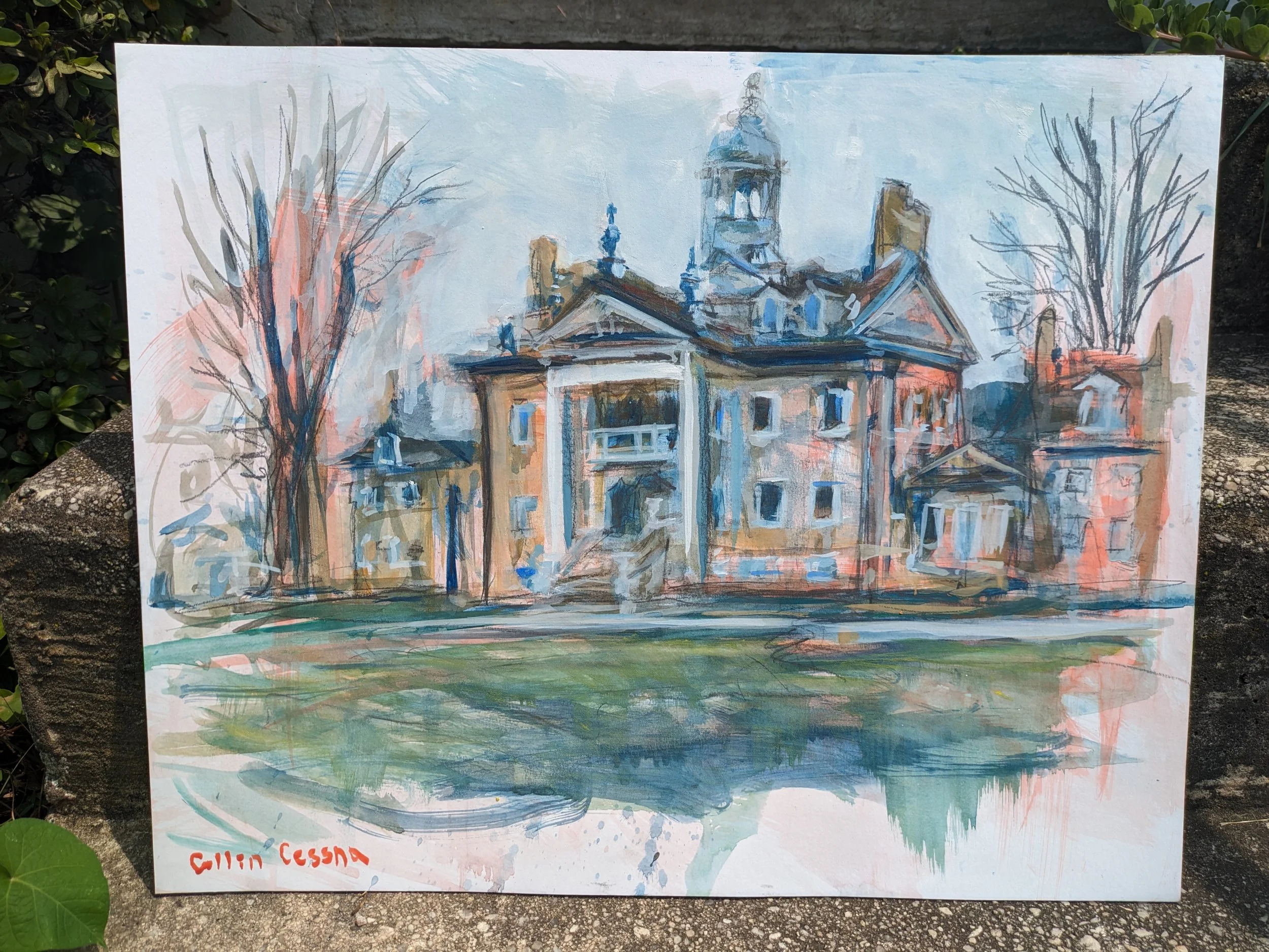 A watercolor painting of a large, historic house with a tower, trees without leaves, and a grassy foreground. The house has multiple stories, a prominent entrance with stairs, and a variety of architectural details. The artist's signature, Cullin Ces