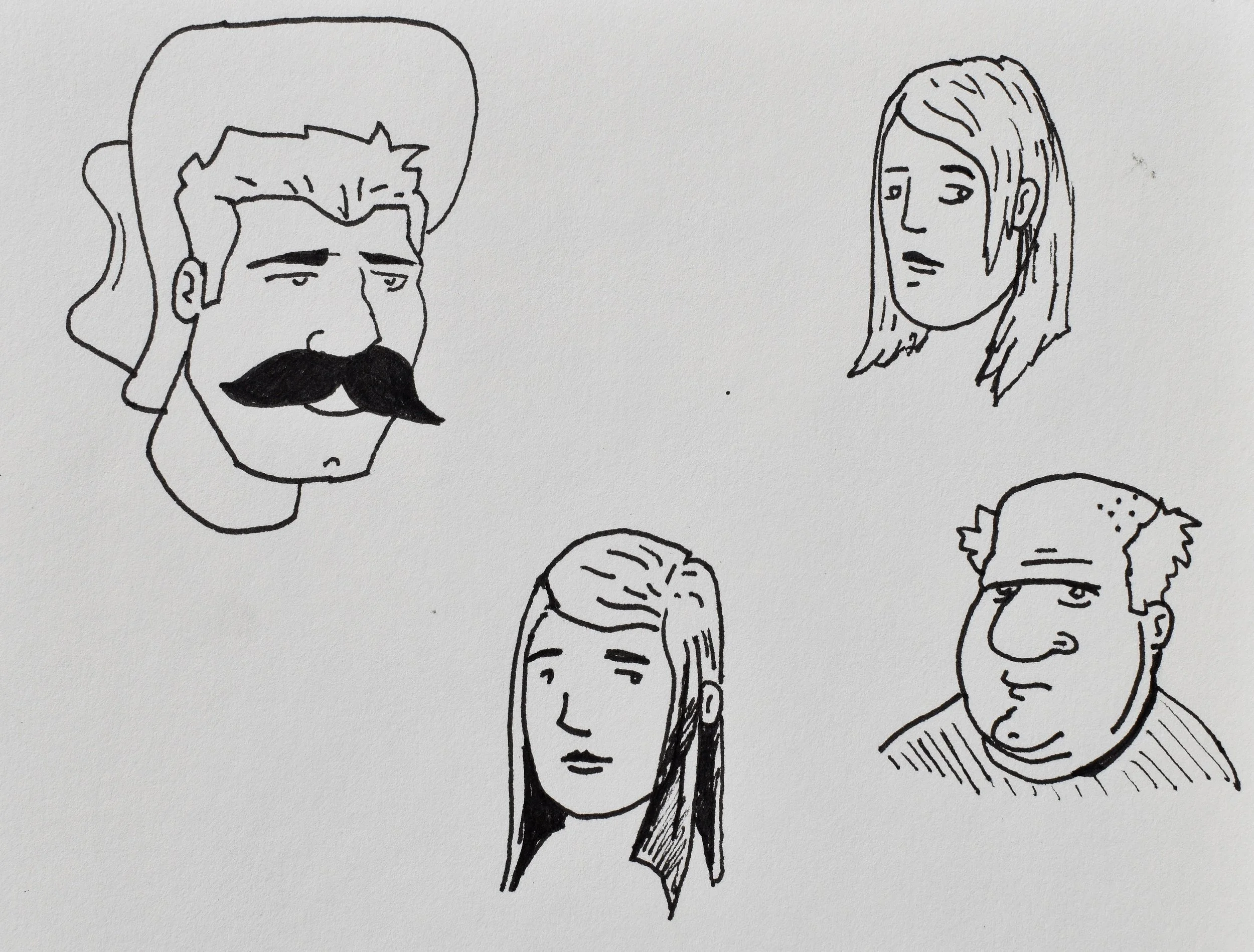 Head sketches of four different people with various hairstyles and facial features, drawn in black ink on white paper.