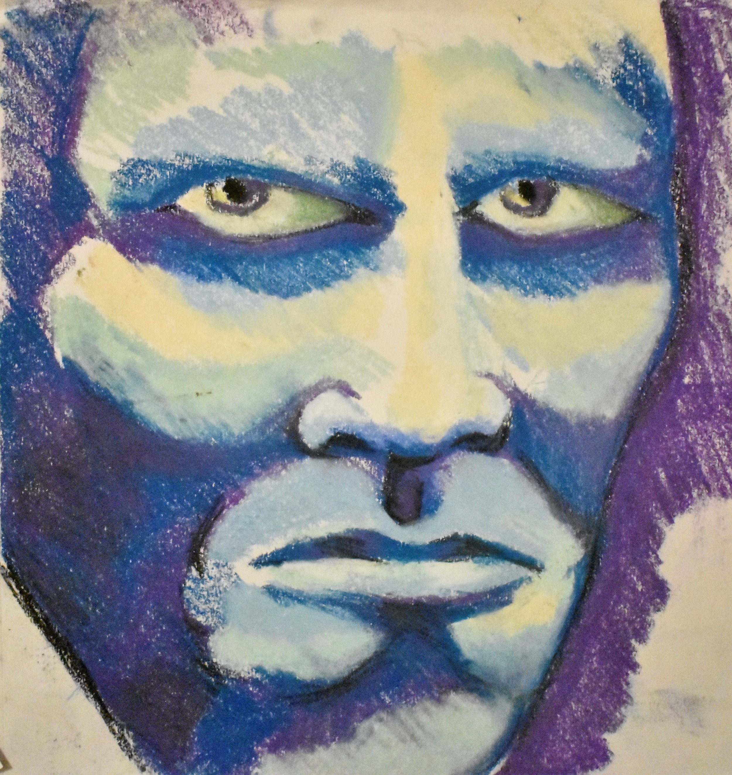 A colorful portrait of a person's face, featuring intense eyes, bold shading, and expressive use of blue, purple, and yellow hues.